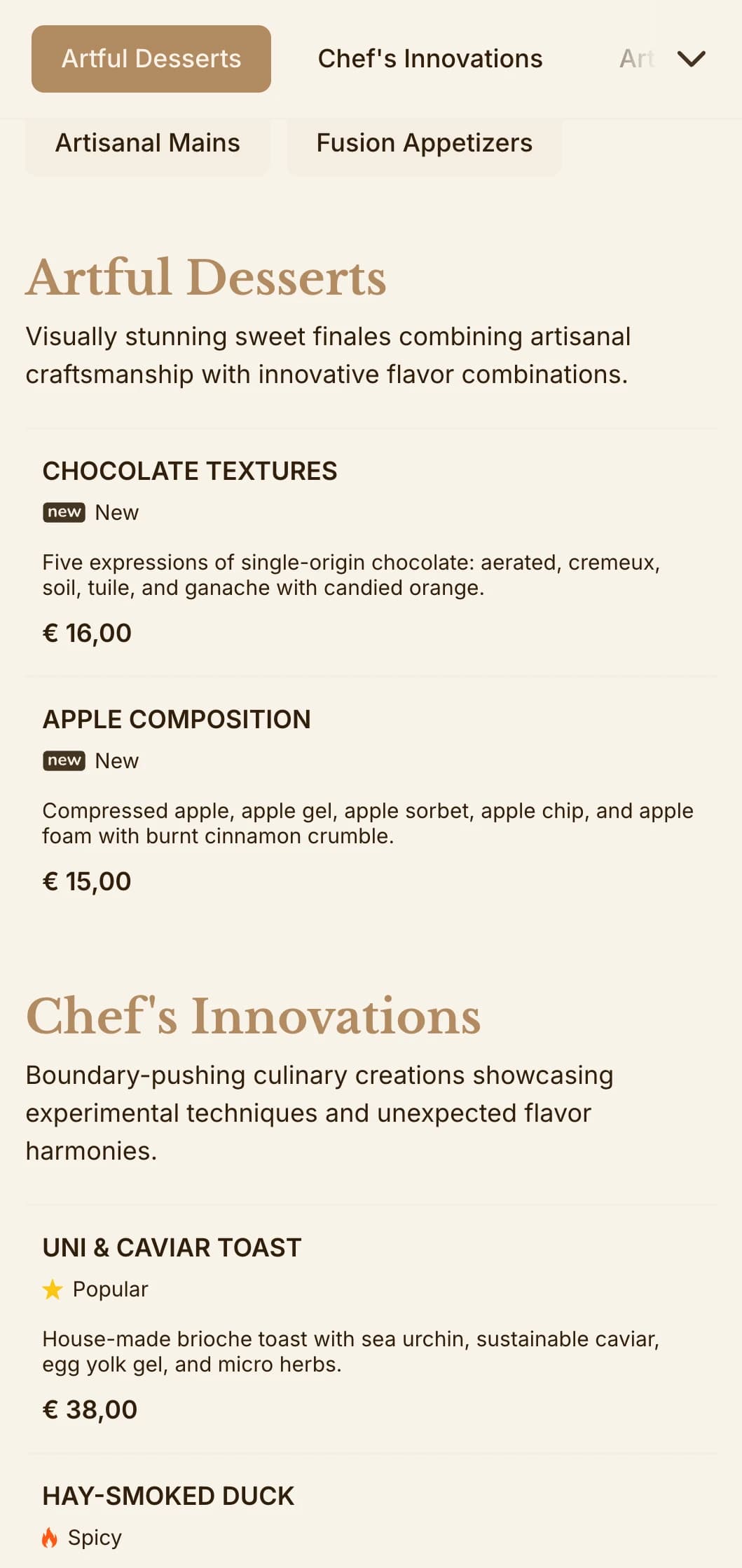 Sophisticated fusion of artisanal aesthetics and gourmet presentation, ideal for innovative culinary establishments.