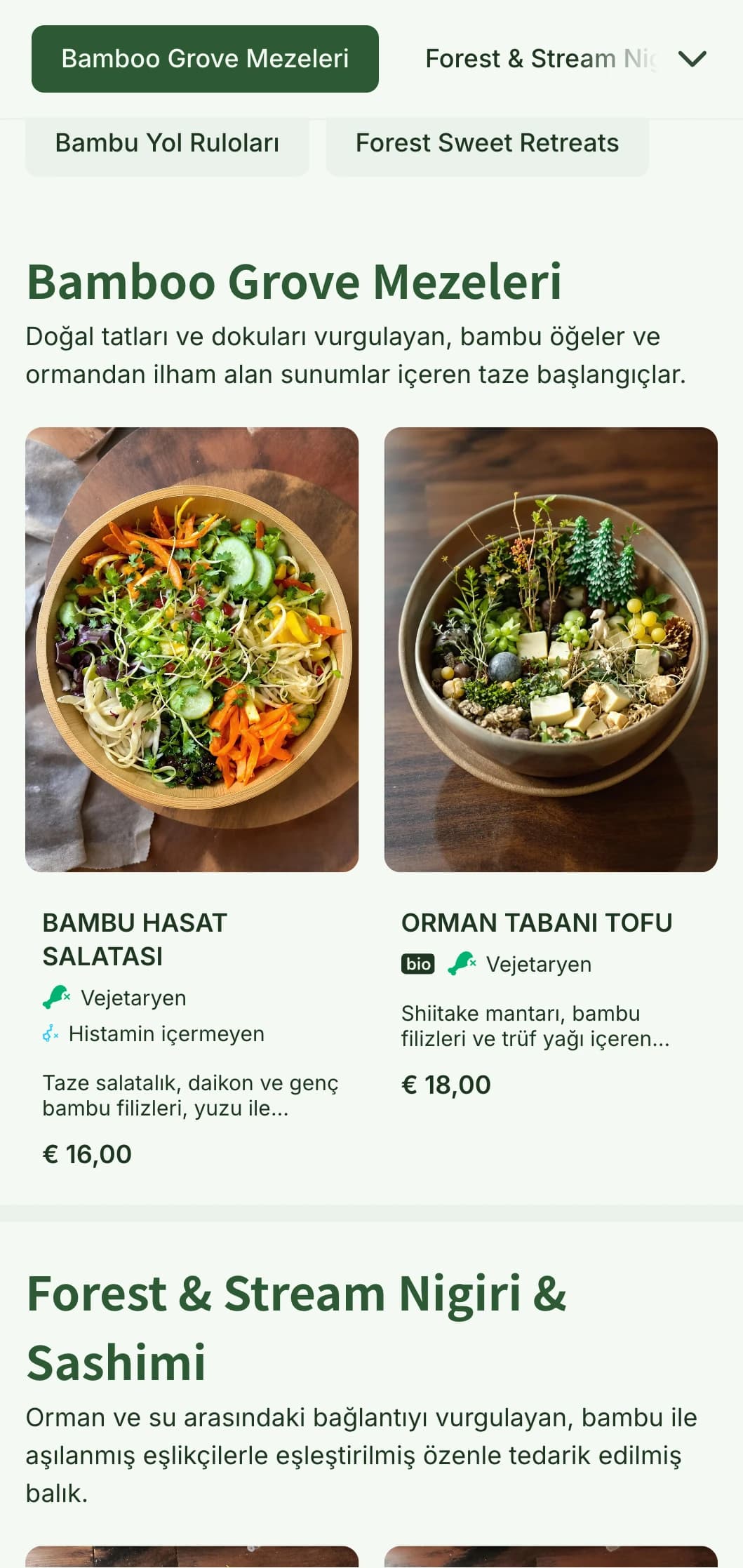 Otantik işletmeler için orman yeşili tonları ve organik unsurlar içeren doğal, bambu esintili suşi menüsü.