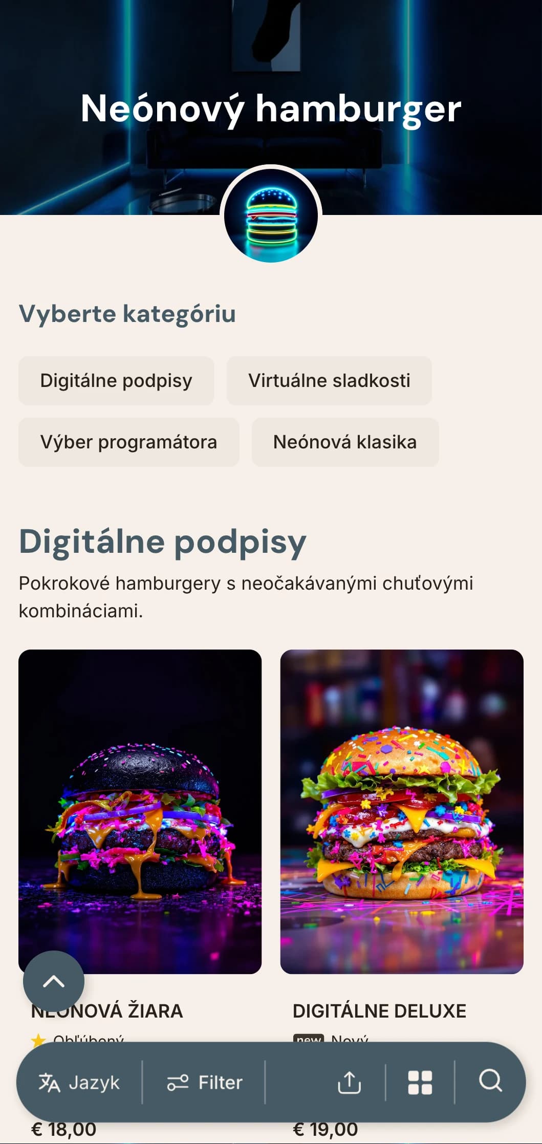 Burger bar inšpirovaný nočným životom s neónovými akcentmi a modernou mestskou atmosférou.