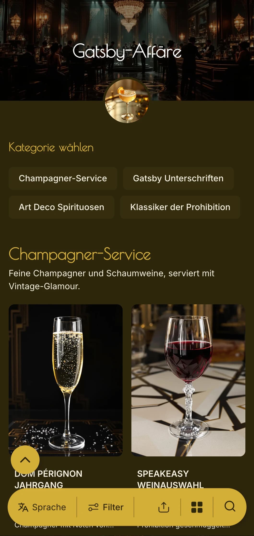 Glamouröses Design in Gold und Schwarz mit authentischen Mustern der 1920er Jahre für gehobene Lounges.