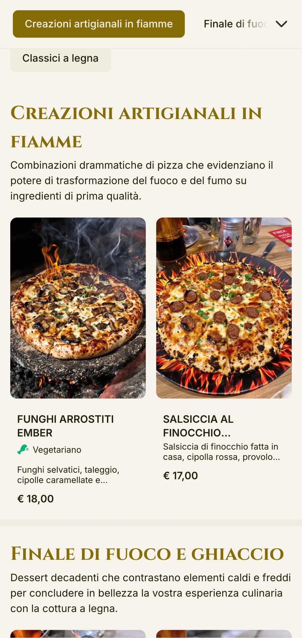 Menu pizza drammatico con colori ricchi e tipografia audace per gli specialisti della cottura a legna.