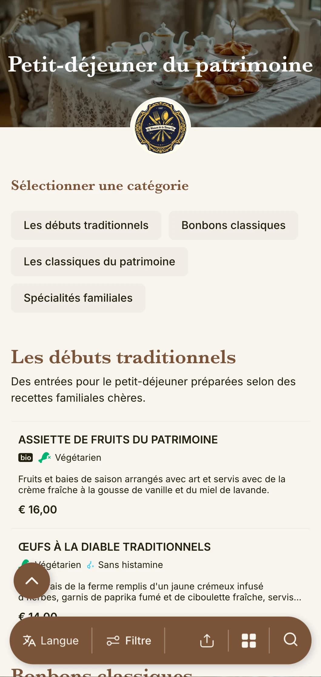 Des sélections de petits déjeuners traditionnels inspirés de recettes familiales intemporelles et de techniques culinaires classiques.