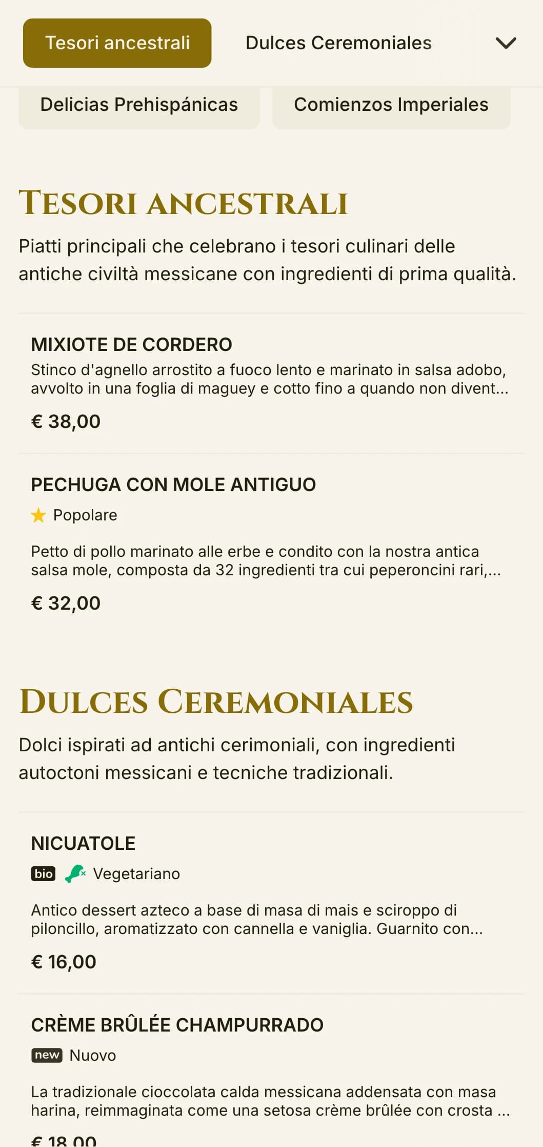 Elegante menu ispirato all'antica cultura azteca con lussuosi accenti dorati, simbolismi storici e piatti tradizionali di prima qualità su pergamena avorio.