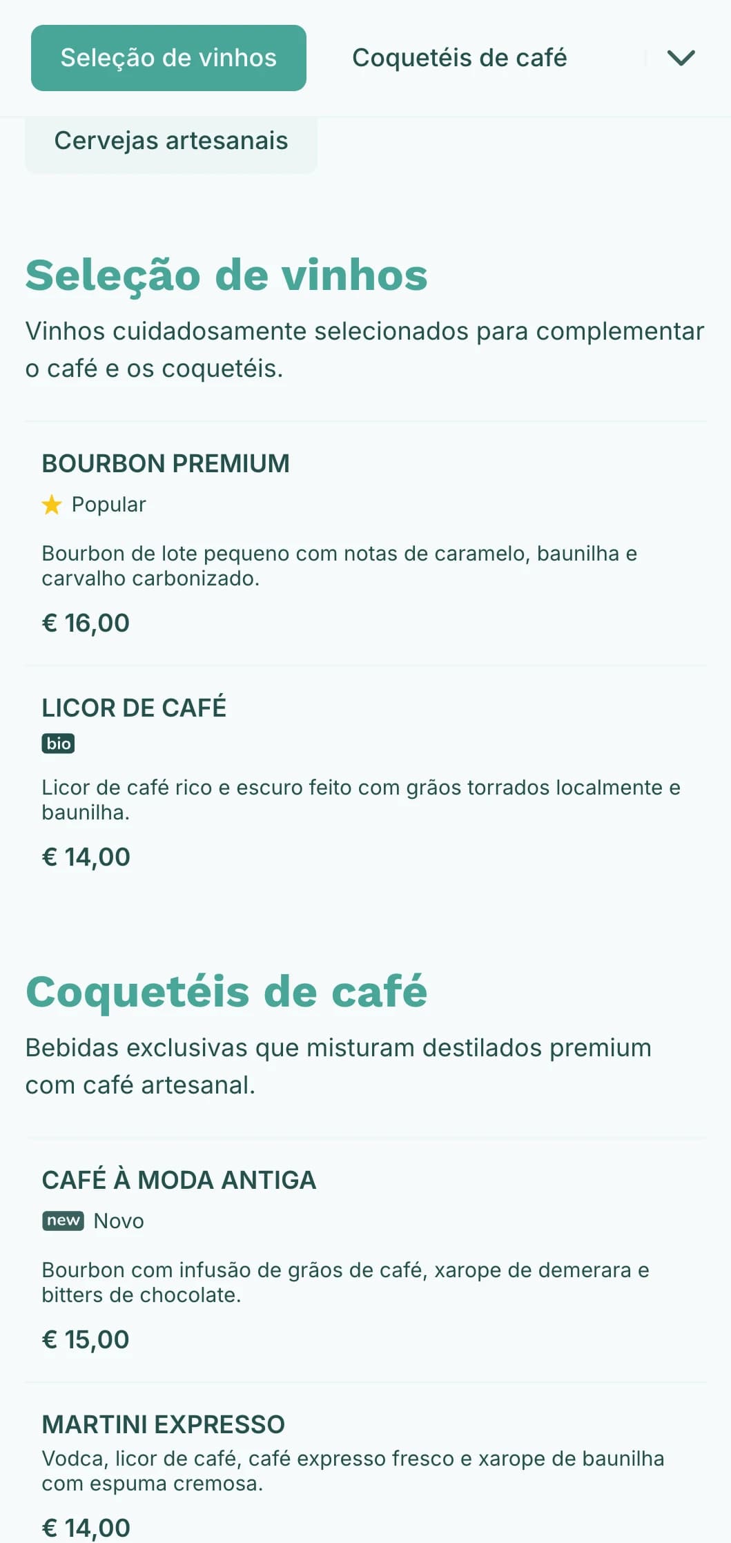 Design fresco em azul-petróleo para estabelecimentos híbridos de café e coquetéis.