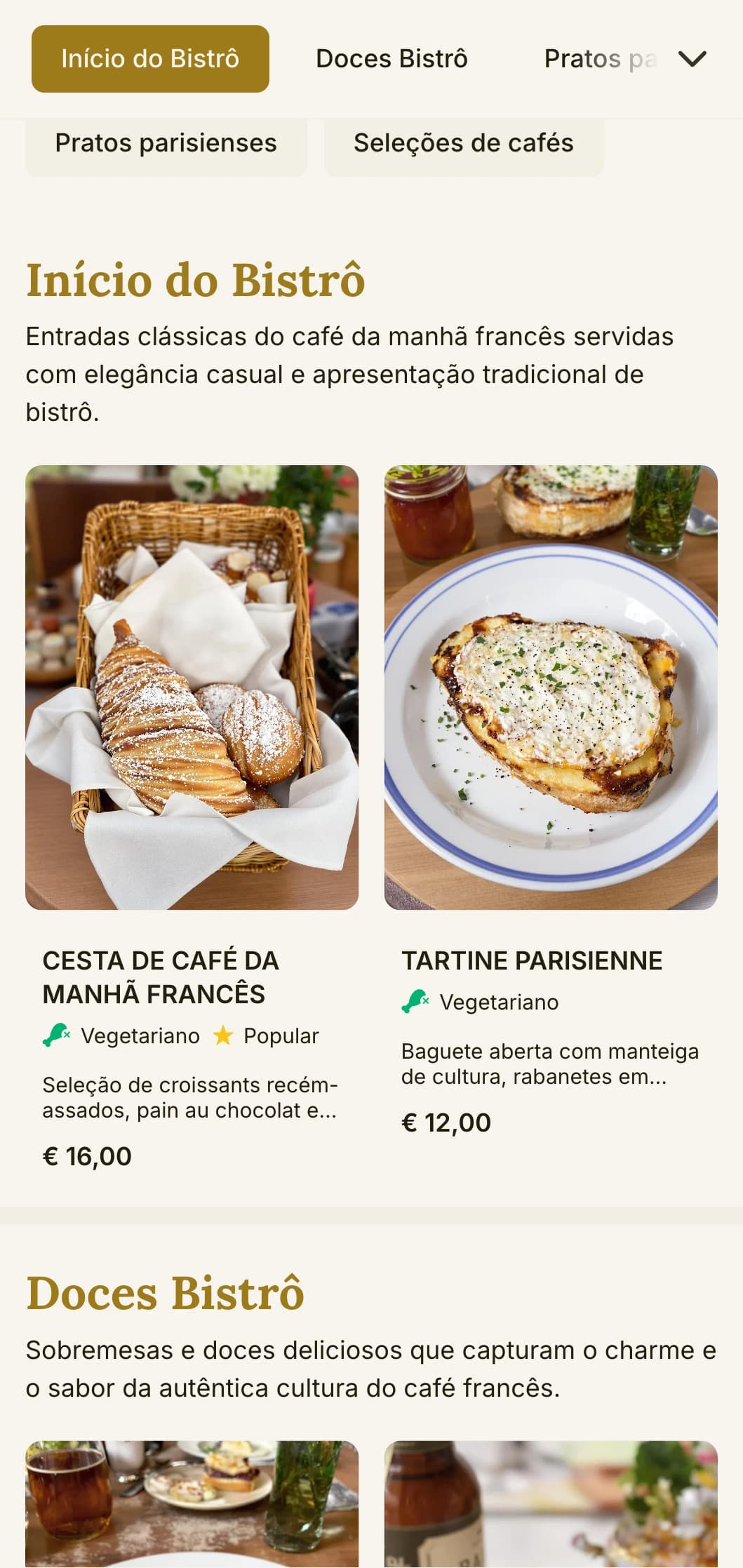 Modelo de brunch inspirado em um bistrô francês com elementos clássicos, adequado para cafés de estilo europeu e jantares casuais finos.