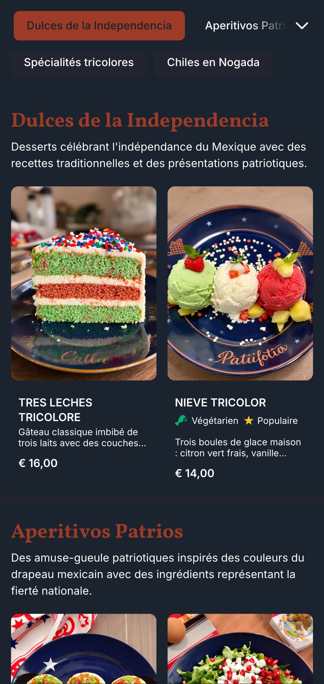 Menu patriotique et festif célébrant l'indépendance du Mexique, avec des éléments en terre cuite, verts et blancs et des spécialités de saison.