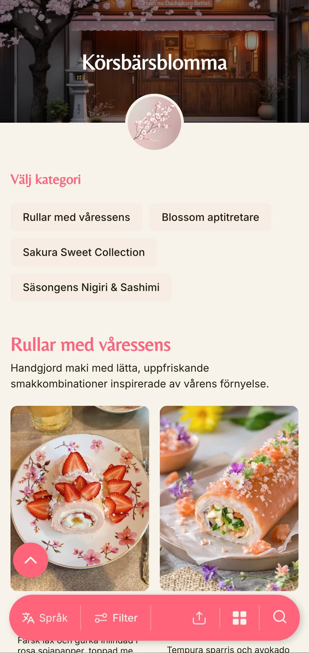 Delikat, vårinspirerad sushimeny med mjuka rosa körsbärsblommor mot en varm gräddfärgad bakgrund.