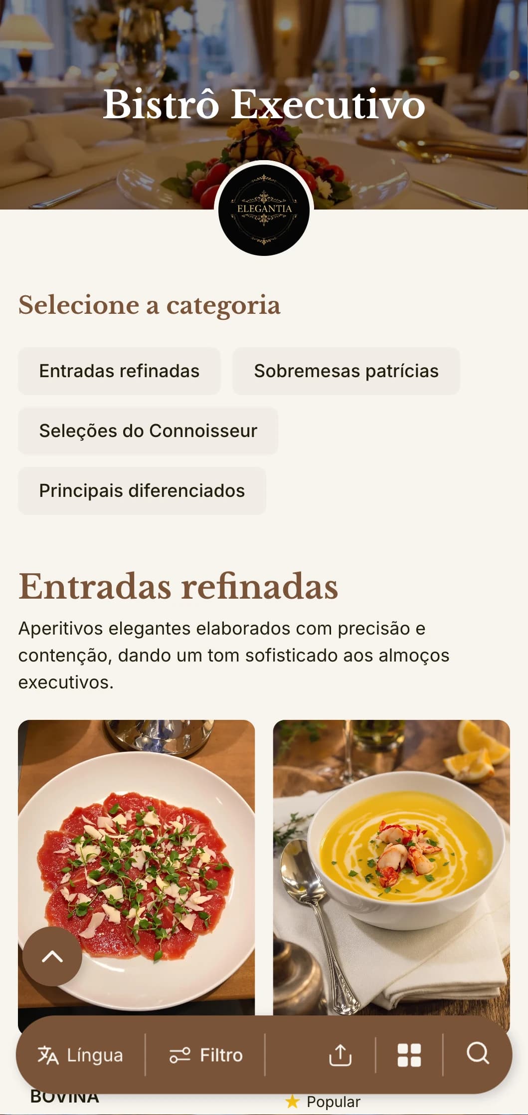 Design sofisticado de cardápio de almoço com tipografia refinada e espaçamento elegante, feito sob medida para restaurantes de hotéis de luxo e salas de jantar executivas que atendem profissionais de negócios.