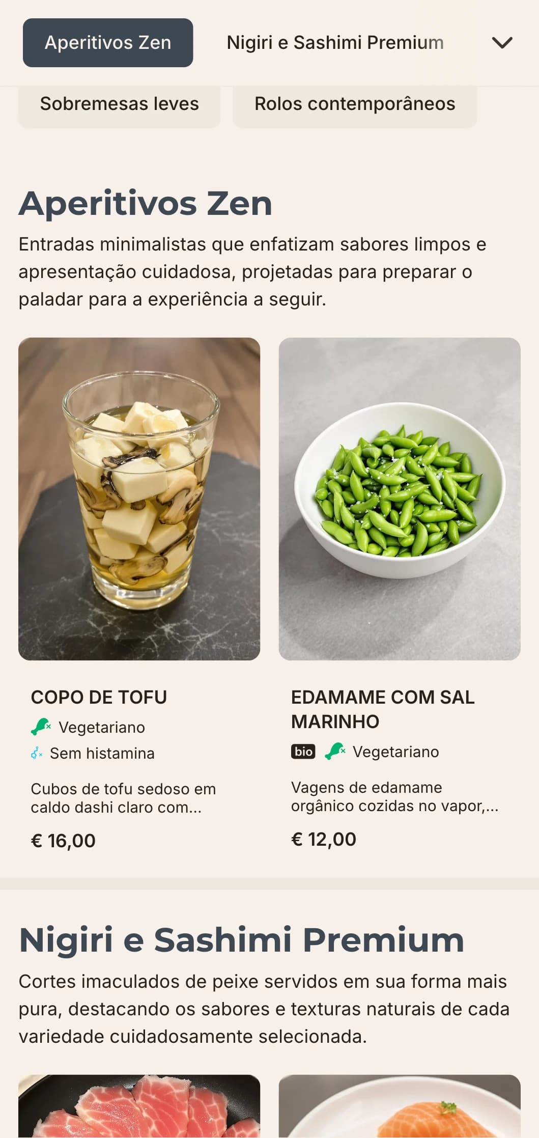 Design limpo e contemporâneo de cardápio de sushi com estética minimalista, perfeito para restaurantes japoneses de luxo que se concentram na simplicidade e na qualidade.