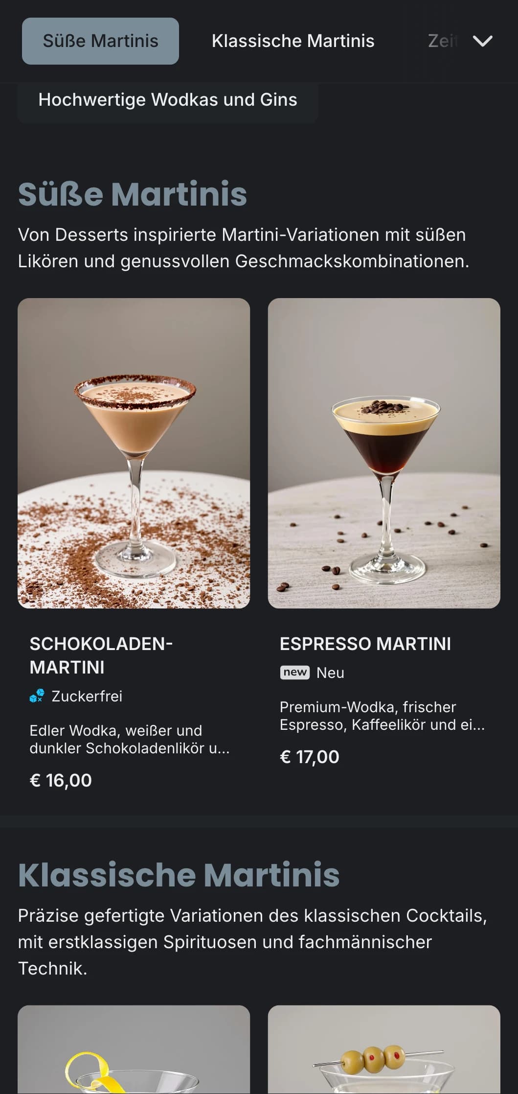 Ein anspruchsvolles, urbanes Menüdesign für Martini-Bars und Lounges mit schlanker Typografie und kühlen Grautönen.