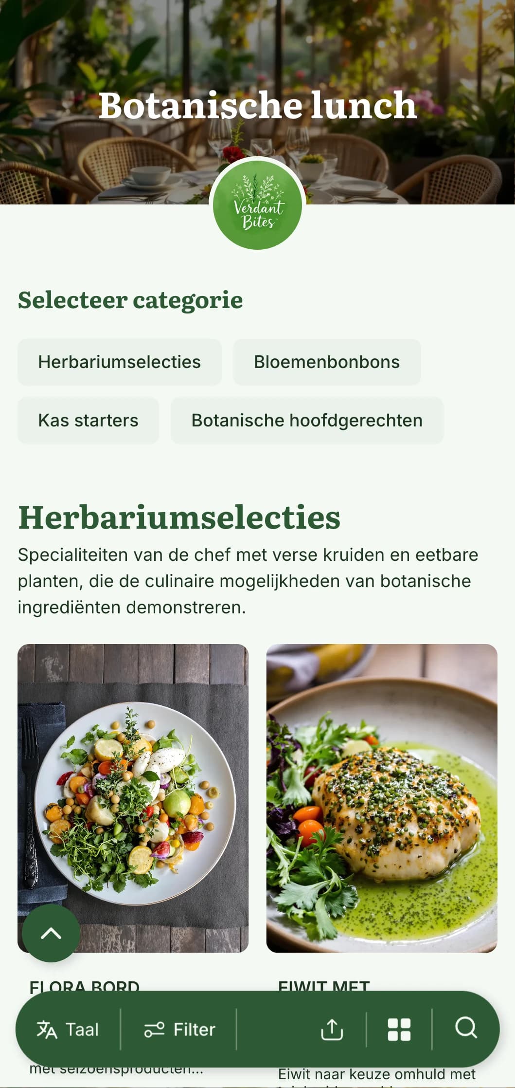 Weelderig, plantaardig lunchmenu-ontwerp met botanische illustraties en natuurlijke texturen, perfect voor serrecafés en restaurants die aan een tuin grenzen.