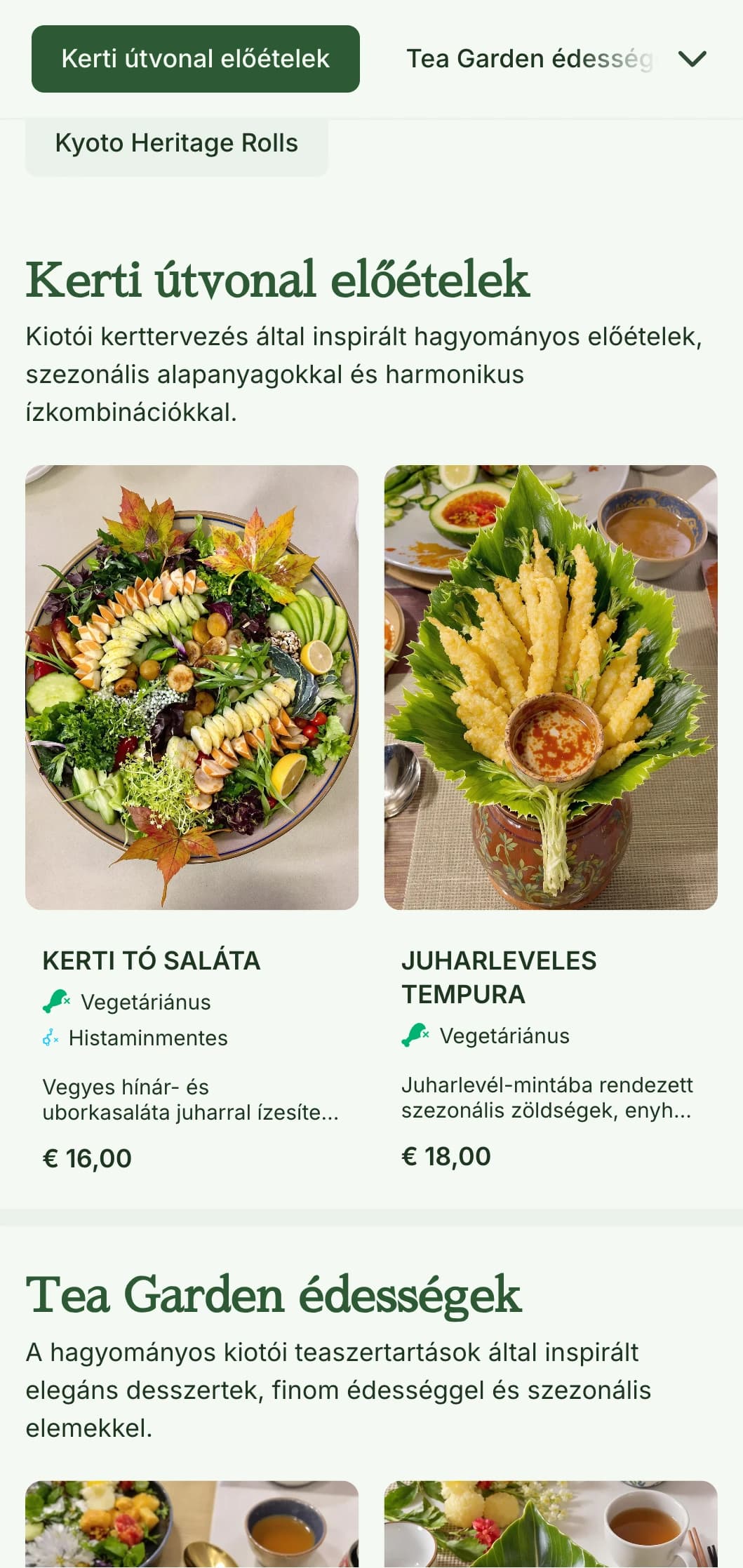 Hagyományos japán kert ihlette sushi menü, nyugodt zöld tónusokkal és klasszikus elemekkel.