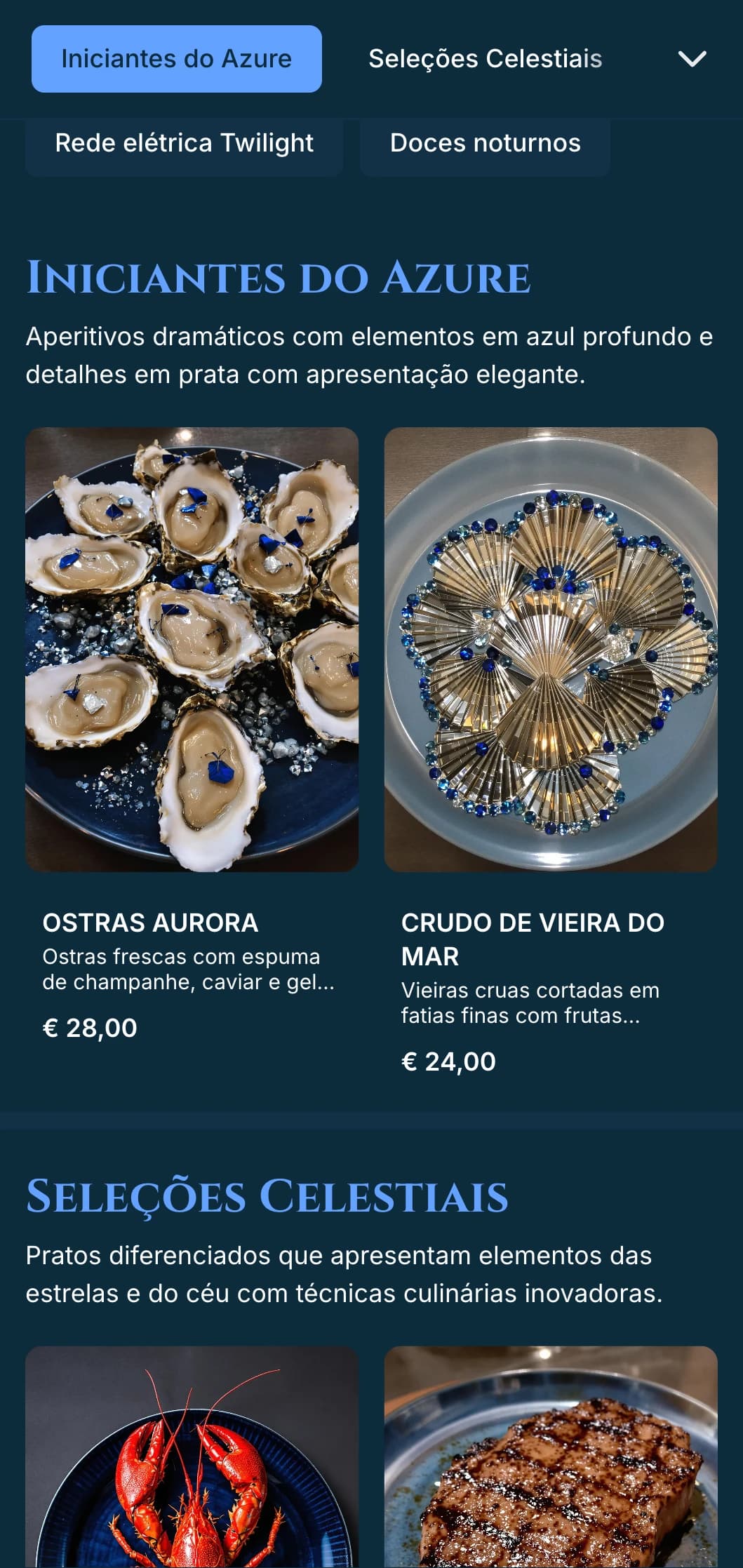 Um cardápio dramático em azul profundo com inspiração no crepúsculo e detalhes em prata, projetado para um jantar noturno sofisticado.