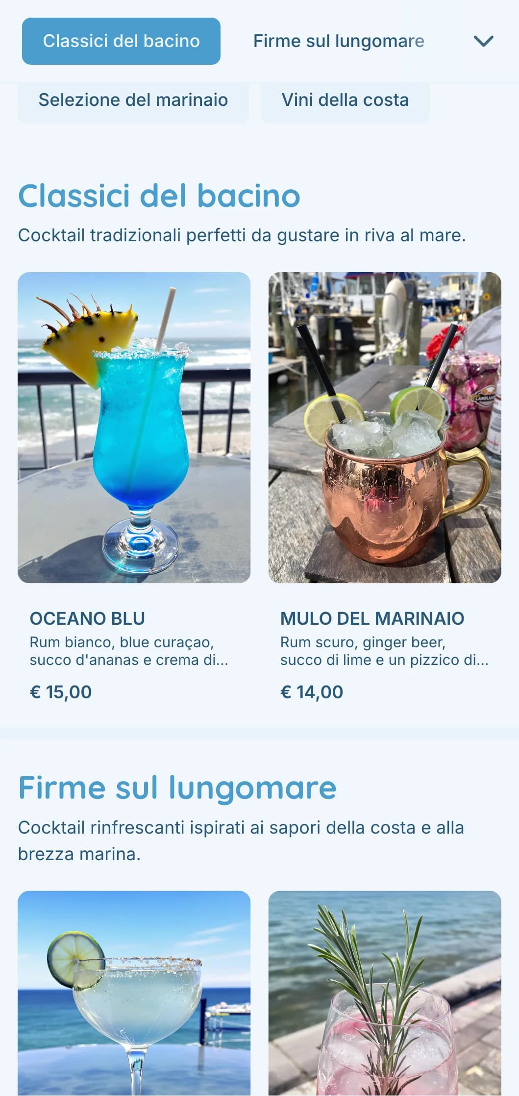 Design azzurro con elementi nautici per bar e locali sul lungomare.