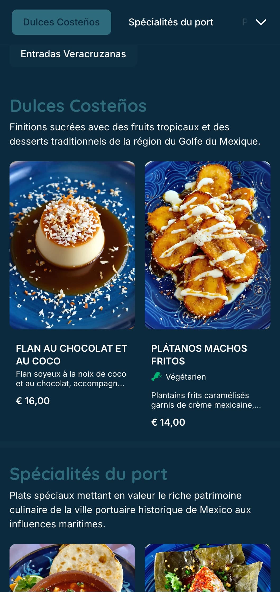 Menu côtier frais et savoureux mettant en valeur les spécialités de fruits de mer de Veracruz avec des accents turquoise, des images côtières et des préparations de poissons caractéristiques.