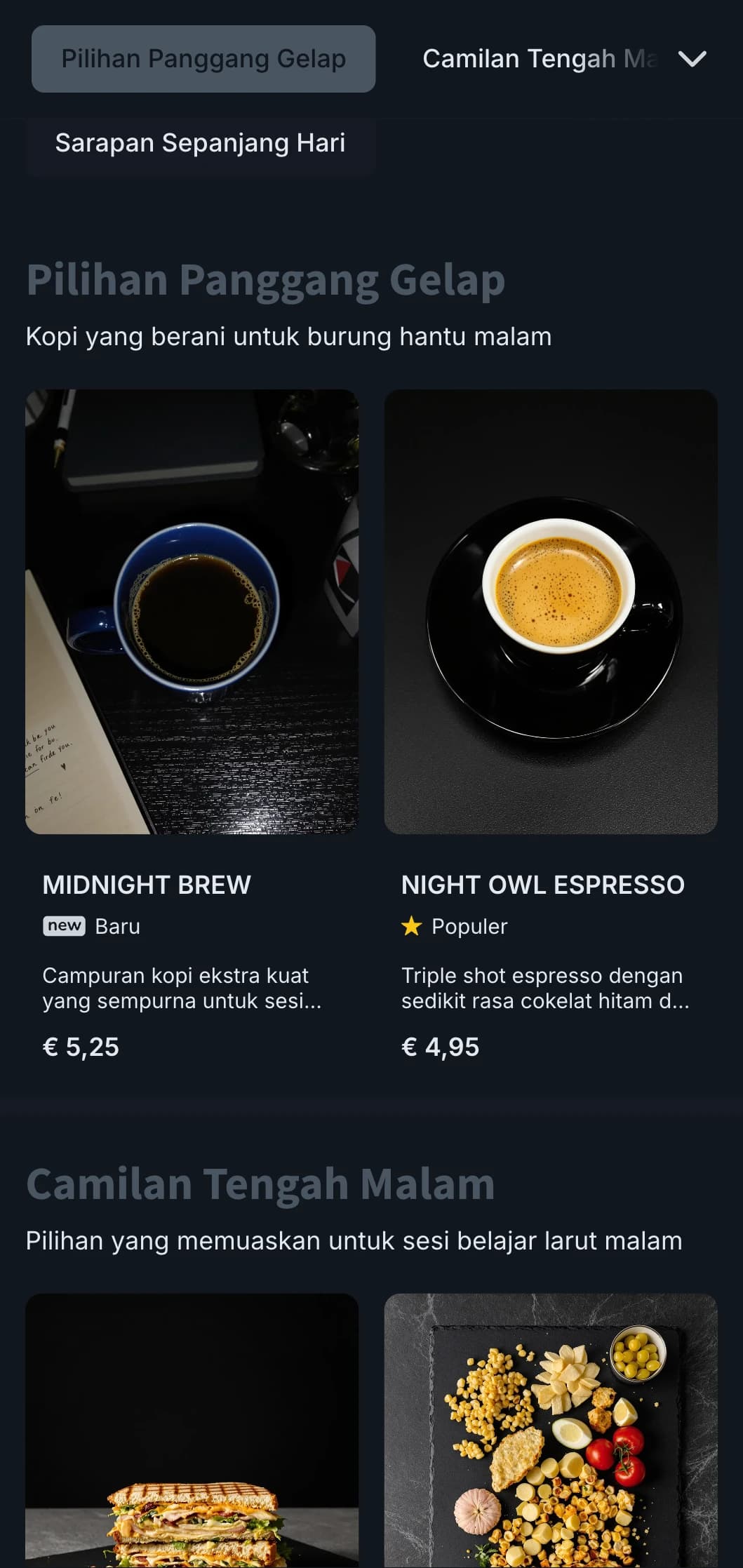 Warna biru tua dan abu-abu untuk kafe belajar larut malam dan kedai kopi 24 jam.