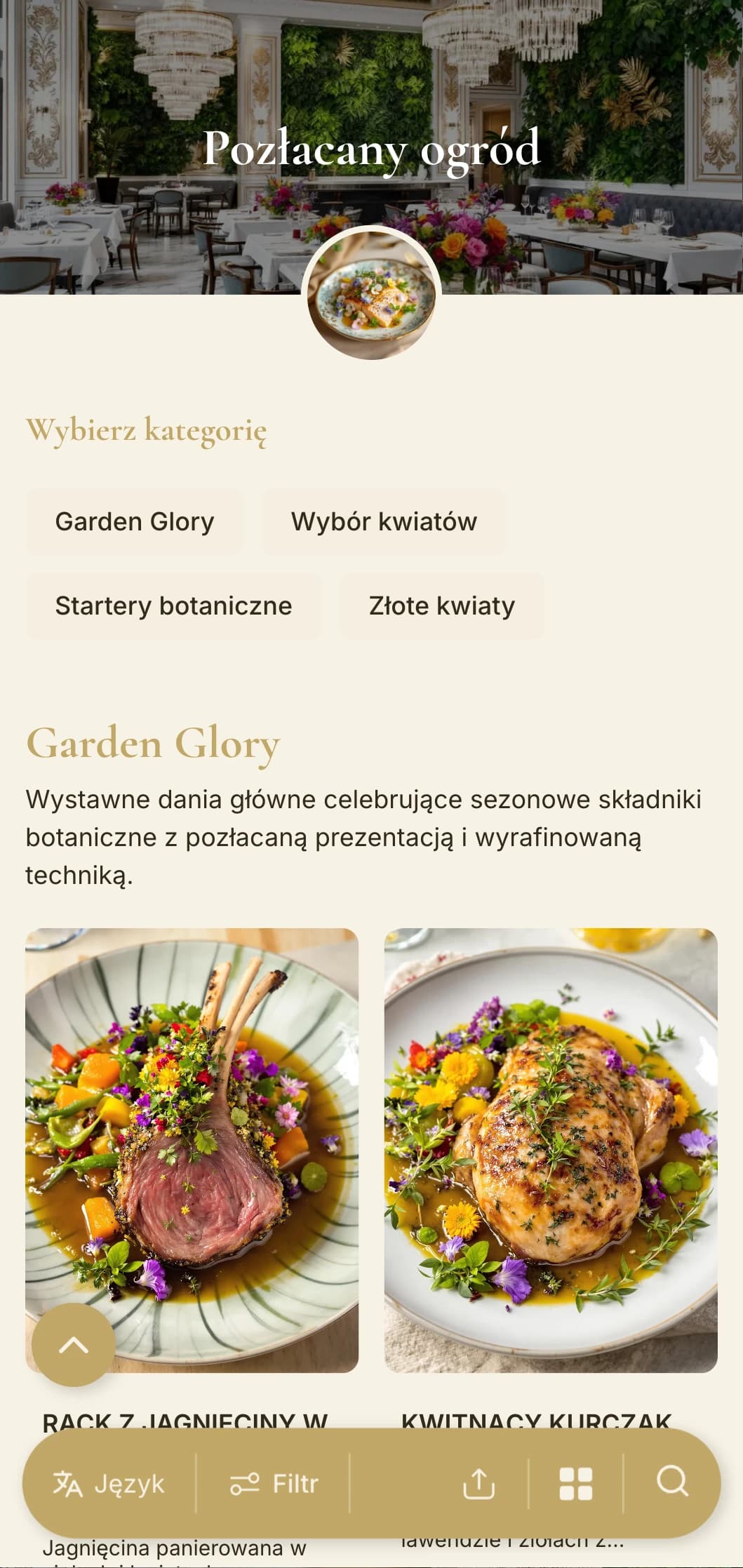 Bogata koncepcja botaniczna łącząca bujną zieleń ze złotymi akcentami i wyrafinowanymi elementami inspirowanymi ogrodem.