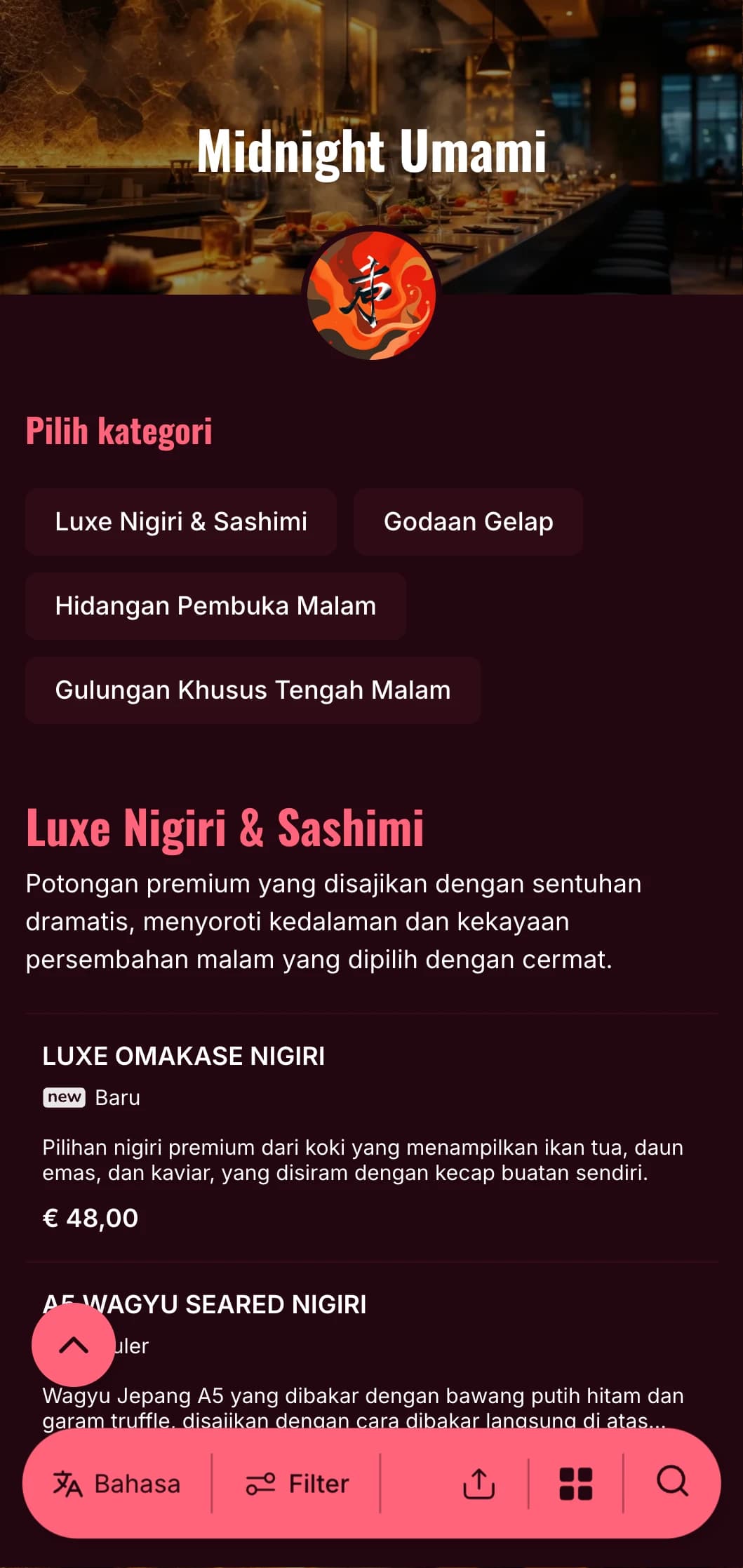 Pengalaman sushi larut malam yang mewah dengan kontras yang berani, menampilkan warna merah anggur yang kaya dan aksen cerah dengan latar belakang yang pekat.