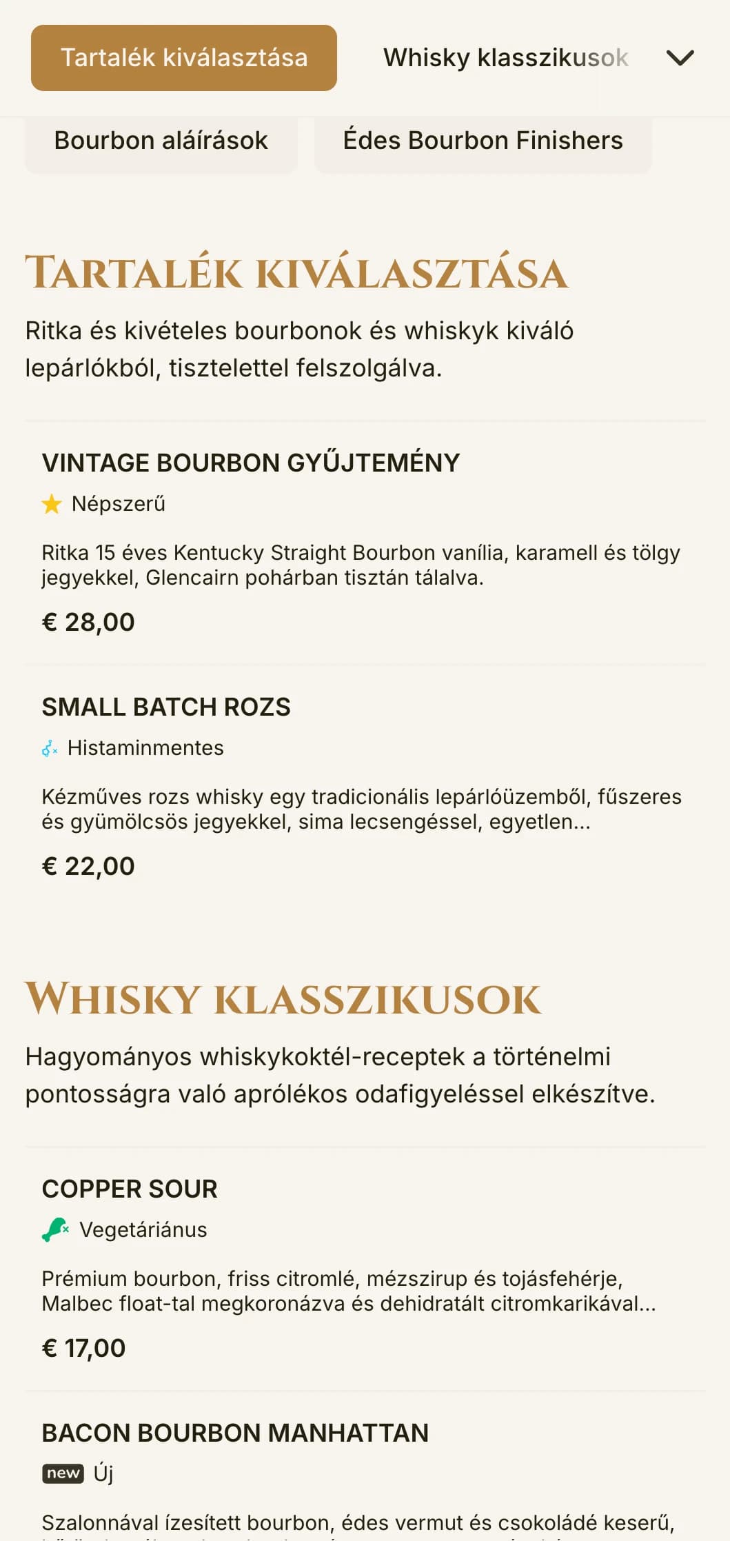 Elegáns, kifinomult design bourbon bárok és whisky szalonok számára, vintage tipográfiával és meleg borostyánszínű hangsúlyokkal.