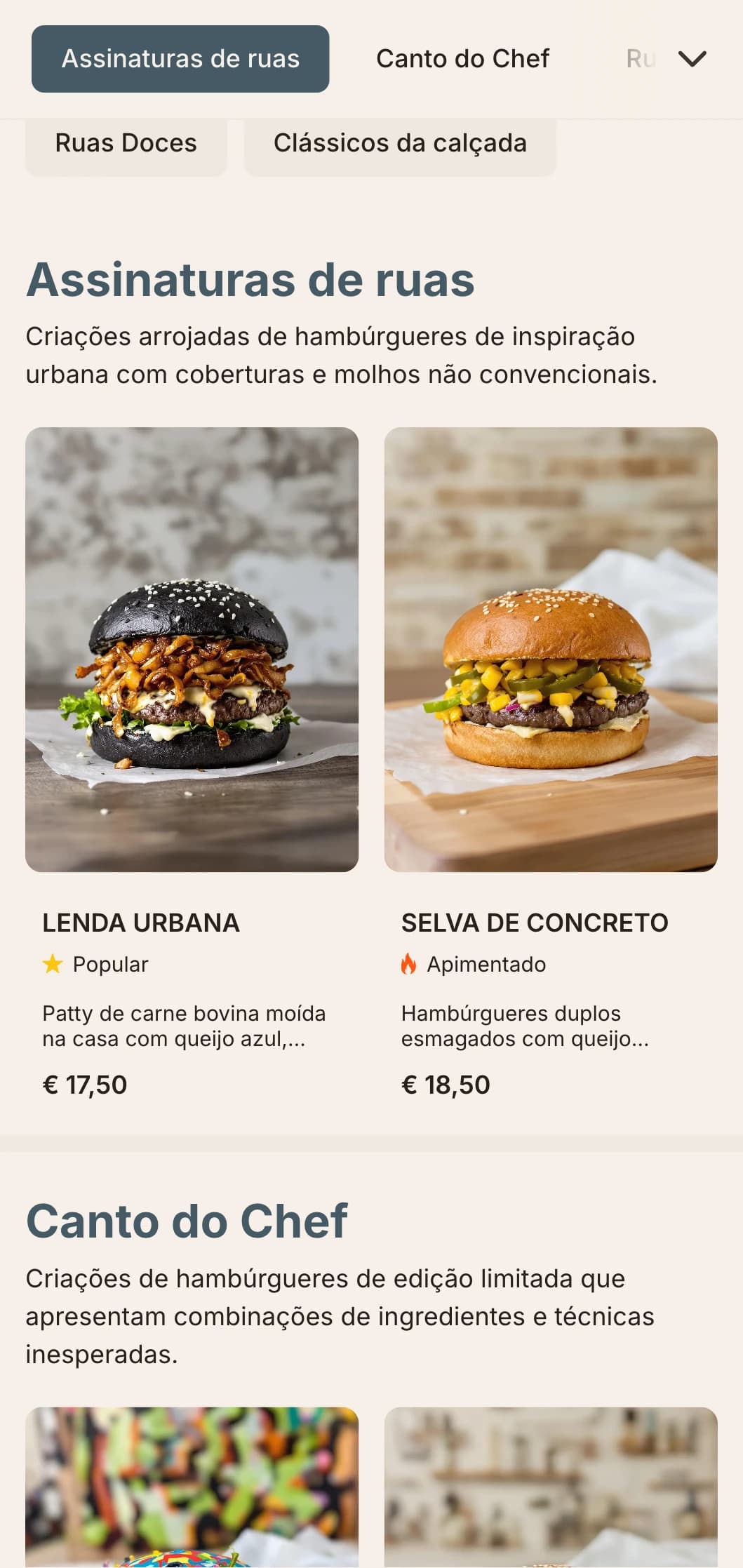 Design urbano inspirado em comida de rua, com contrastes marcantes e elementos de arte de rua para uma experiência contemporânea de hambúrguer casual.