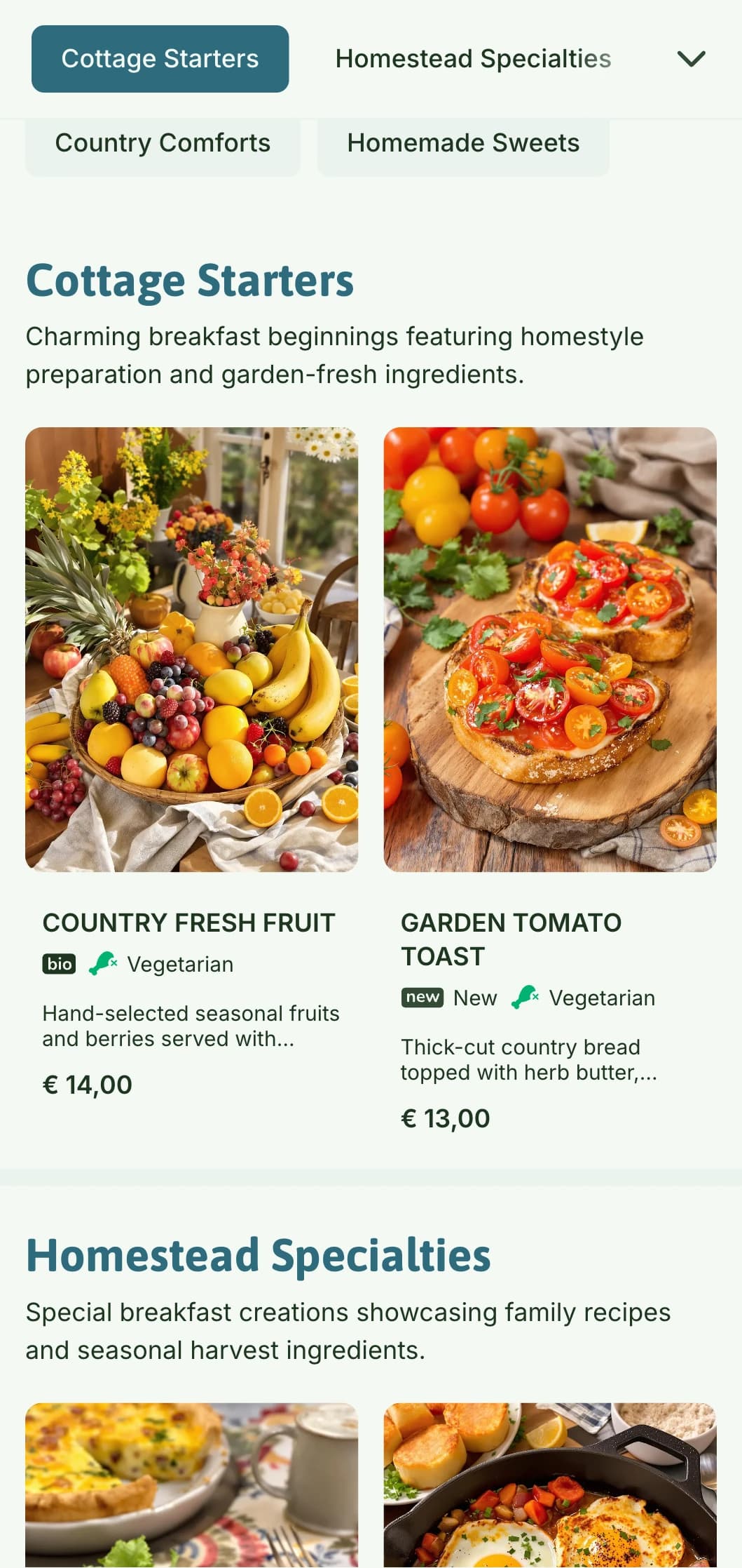 Homestyle morning fare featuring fresh country ingredients and charming presentation for a cozy breakfast experience.
