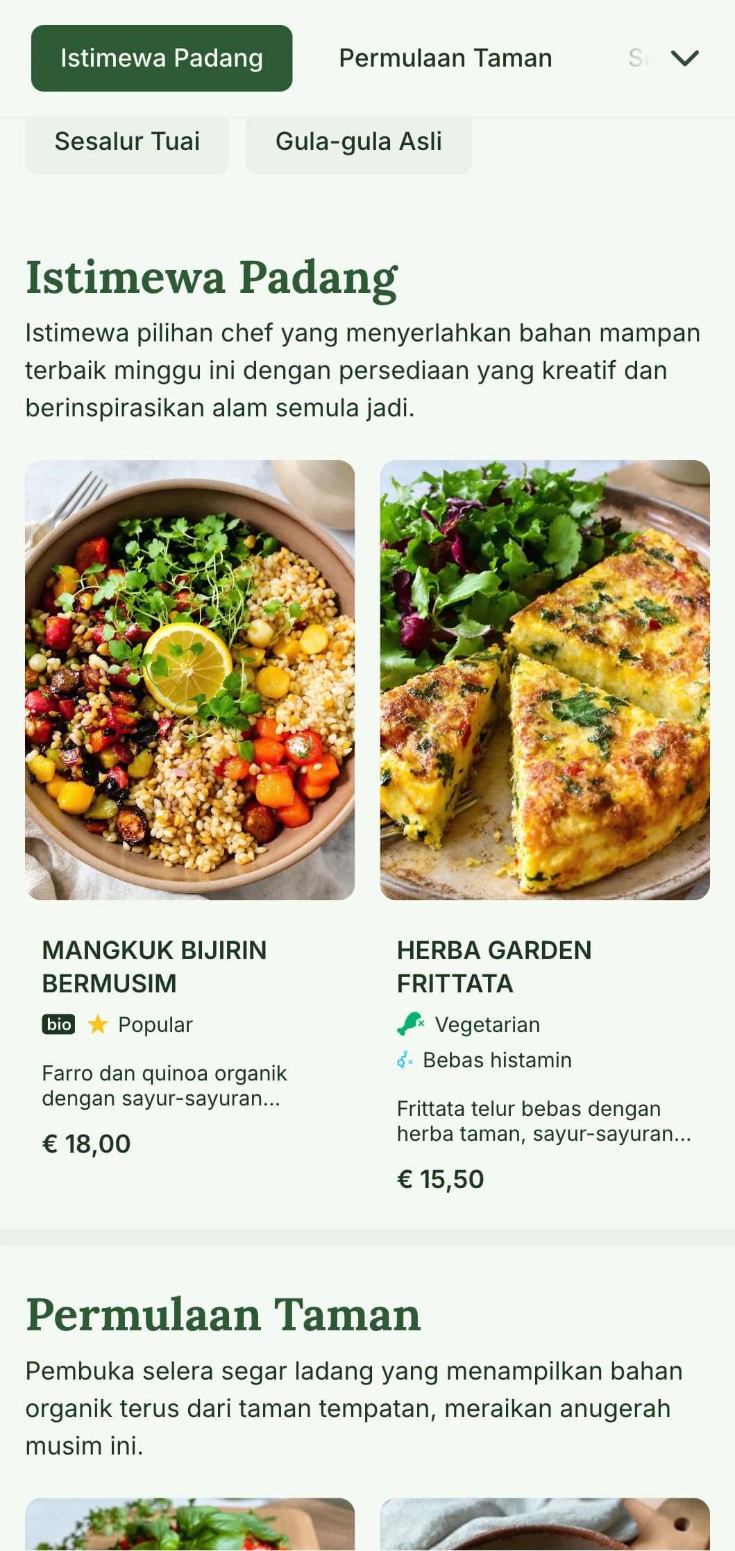 Reka bentuk menu makan tengah hari yang segar dan berinspirasikan alam semula jadi yang menonjolkan bahan-bahan bermusim dan tawaran dari ladang ke meja, sesuai untuk kafe dan restoran dengan tumpuan pada hidangan tengah hari yang sihat dan organik.