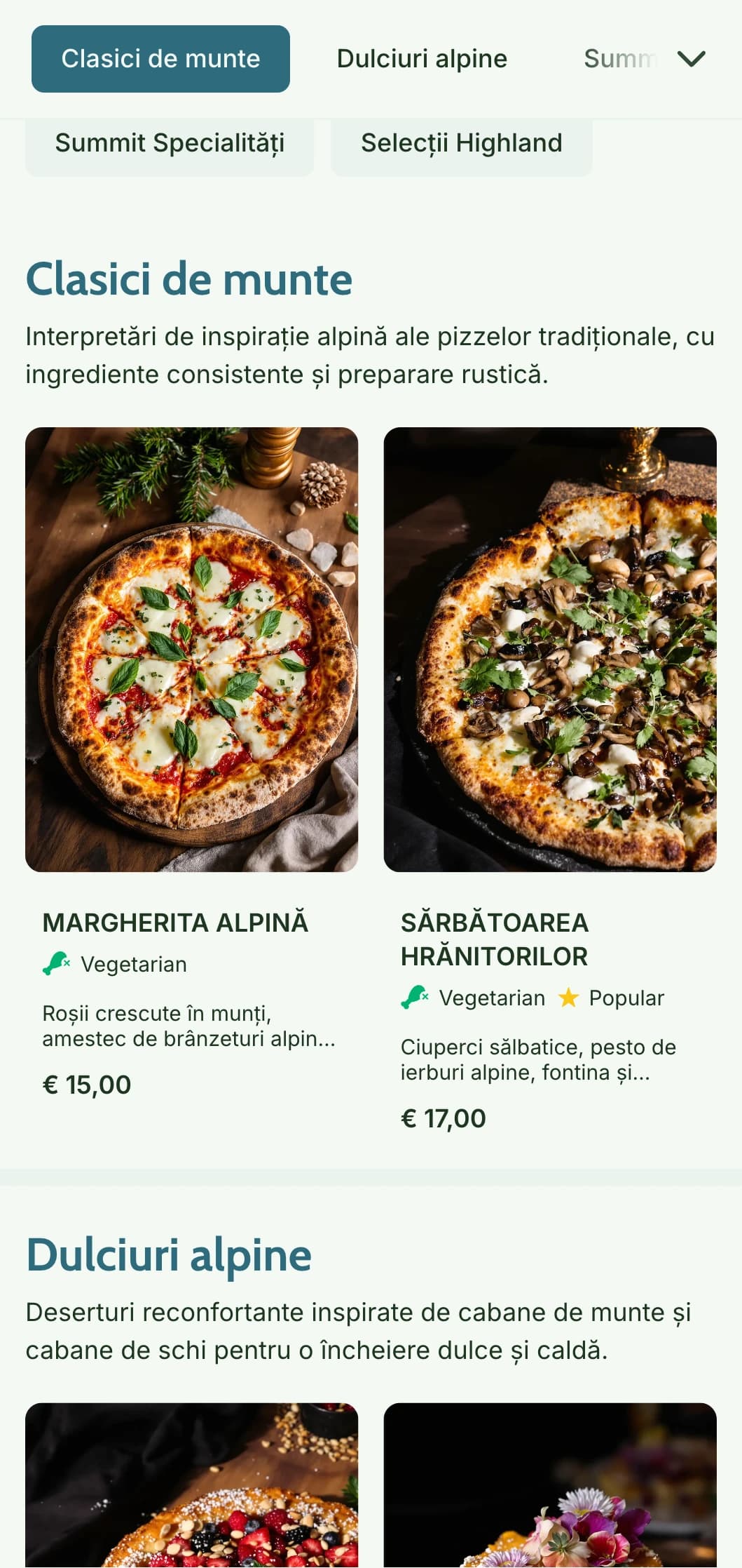 Meniu de pizza de inspirație montană, cu elemente naturale și estetică alpină rustică.