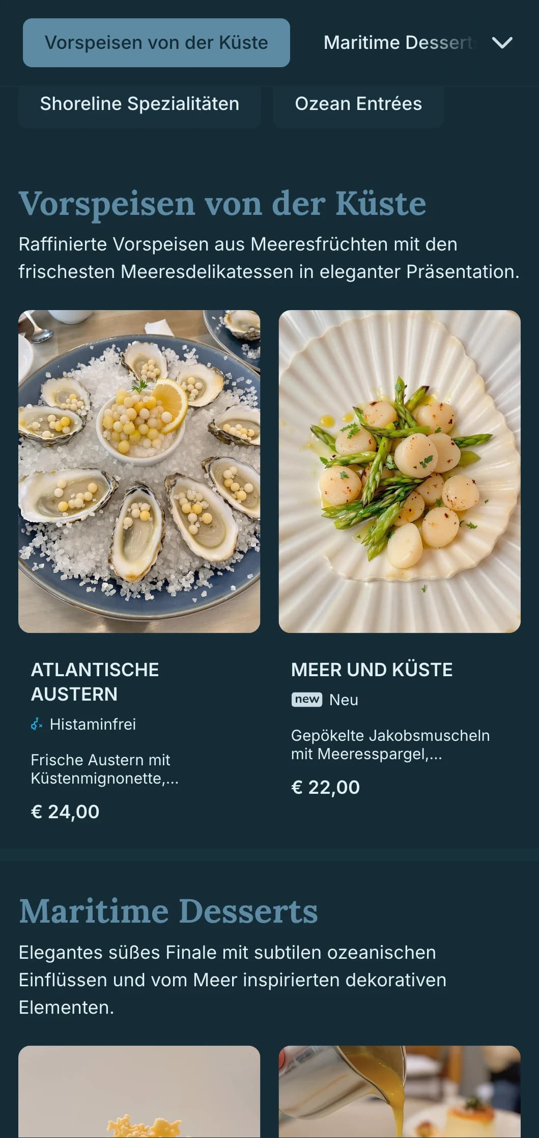 Anspruchsvolle küstennahe Eleganz, die nautische Einflüsse mit einer raffinierten Ästhetik des Essens verbindet.