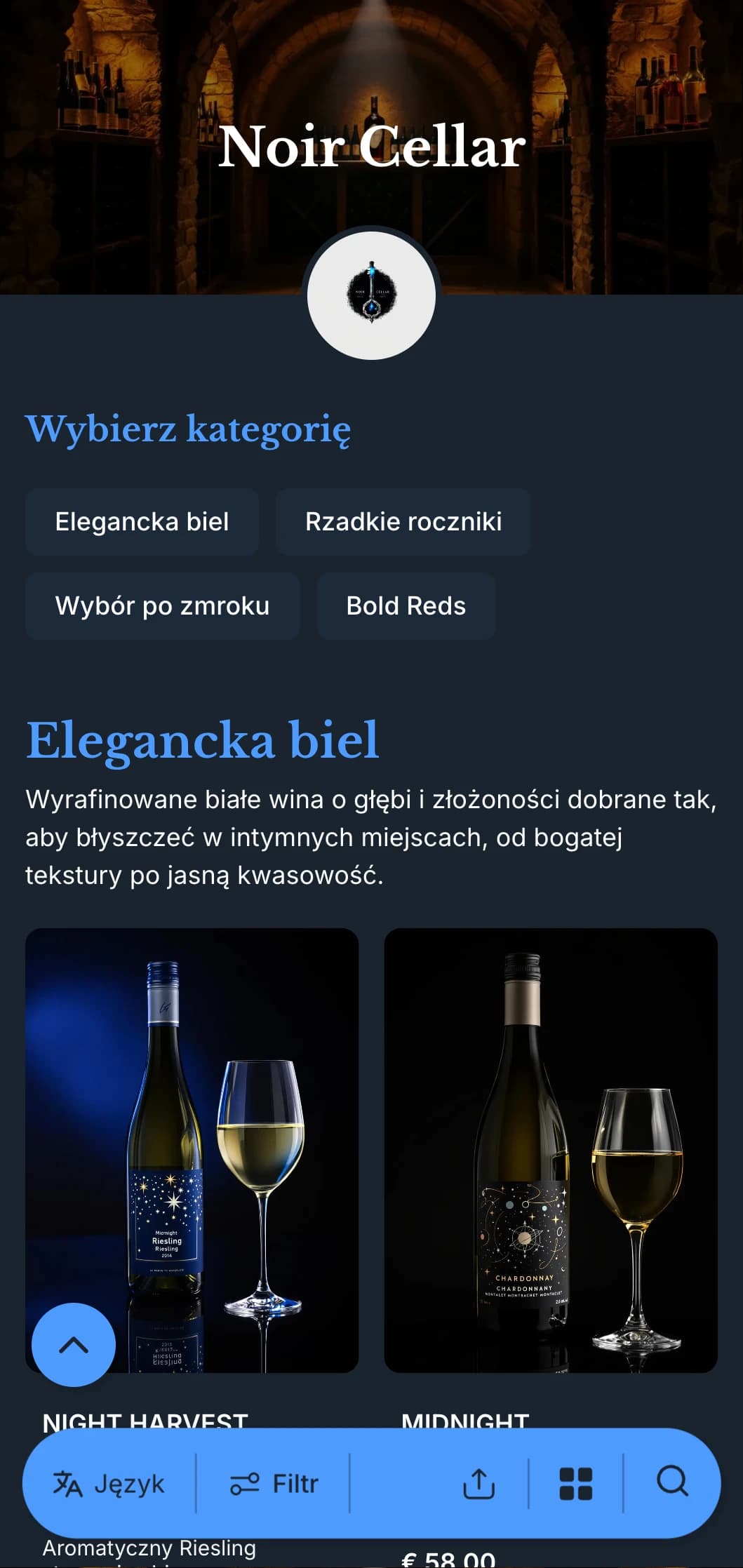 Wyrafinowany, ciemny szablon karty win z uderzającymi niebieskimi akcentami na głębokim granatowym tle, idealny do kameralnych salonów winiarskich i wieczornych lokali.