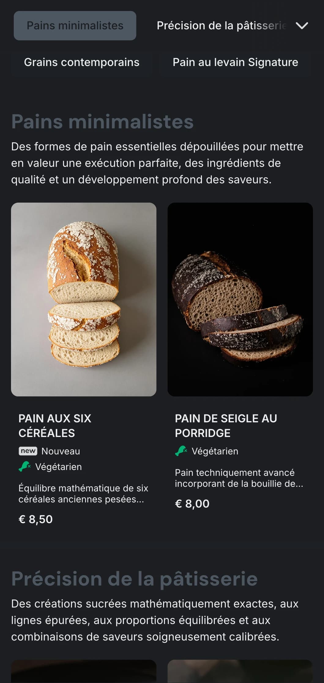 Un menu de boulangerie austère et contemporain avec des tons gris profonds et une typographie minimaliste, idéal pour les boulangeries artisanales axées sur le design.