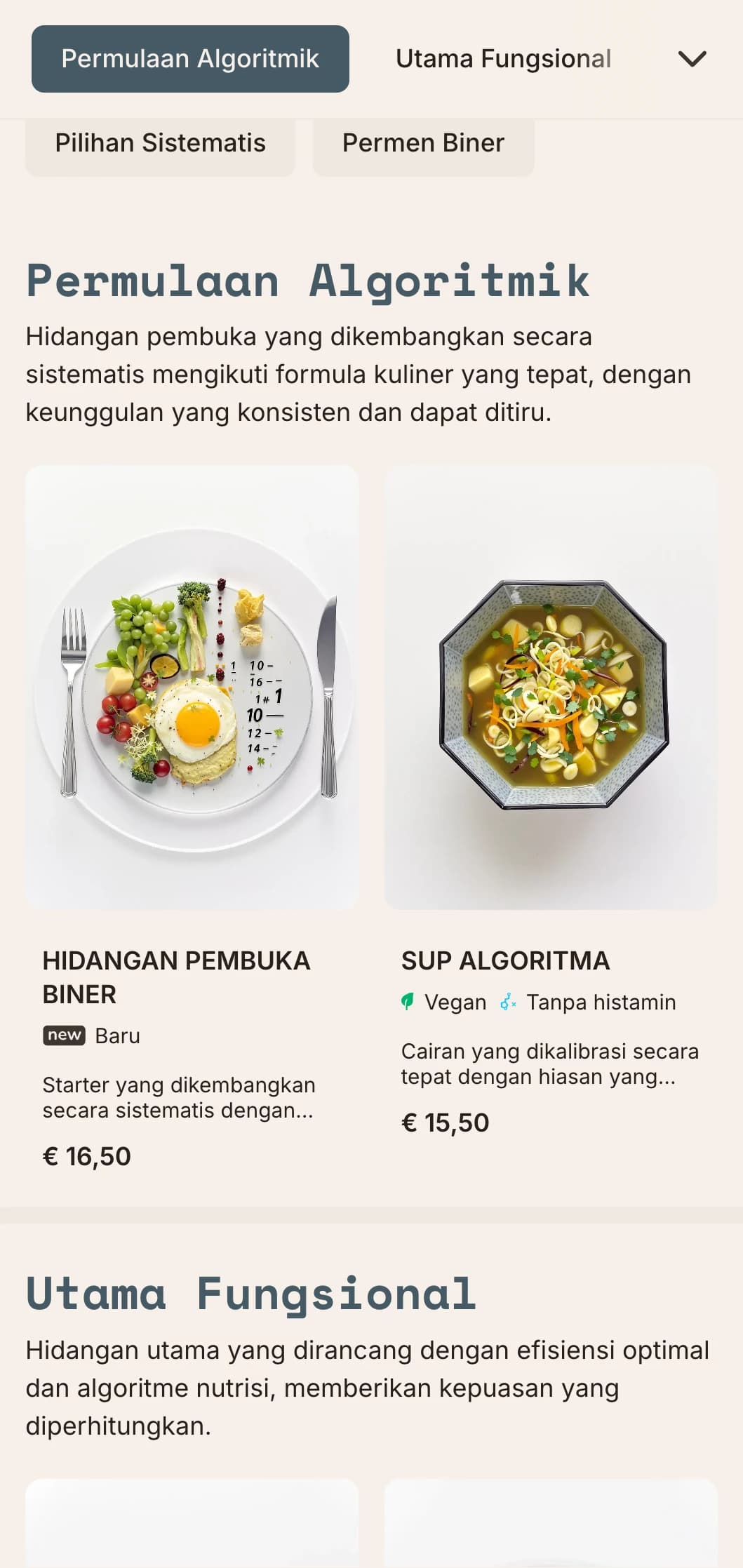 Desain menu makan siang yang teknis dan berfokus pada fungsi dengan elemen matematika dan tata letak yang sistematis, cocok untuk restoran yang berorientasi pada presisi dan restoran berkonsep.