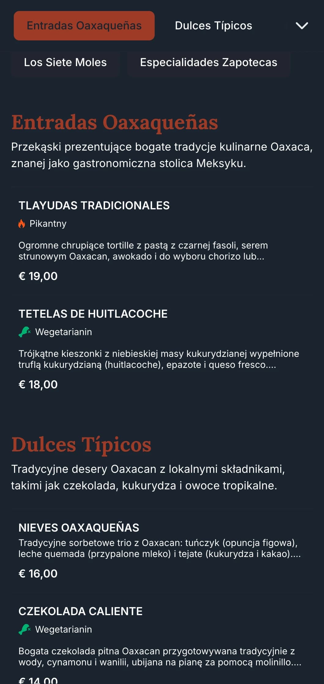 Bogate i ziemiste menu celebrujące tradycje kulinarne Oaxaca z akcentami z terakoty, rdzennymi wzorami i specjalnymi potrawami z kreta.