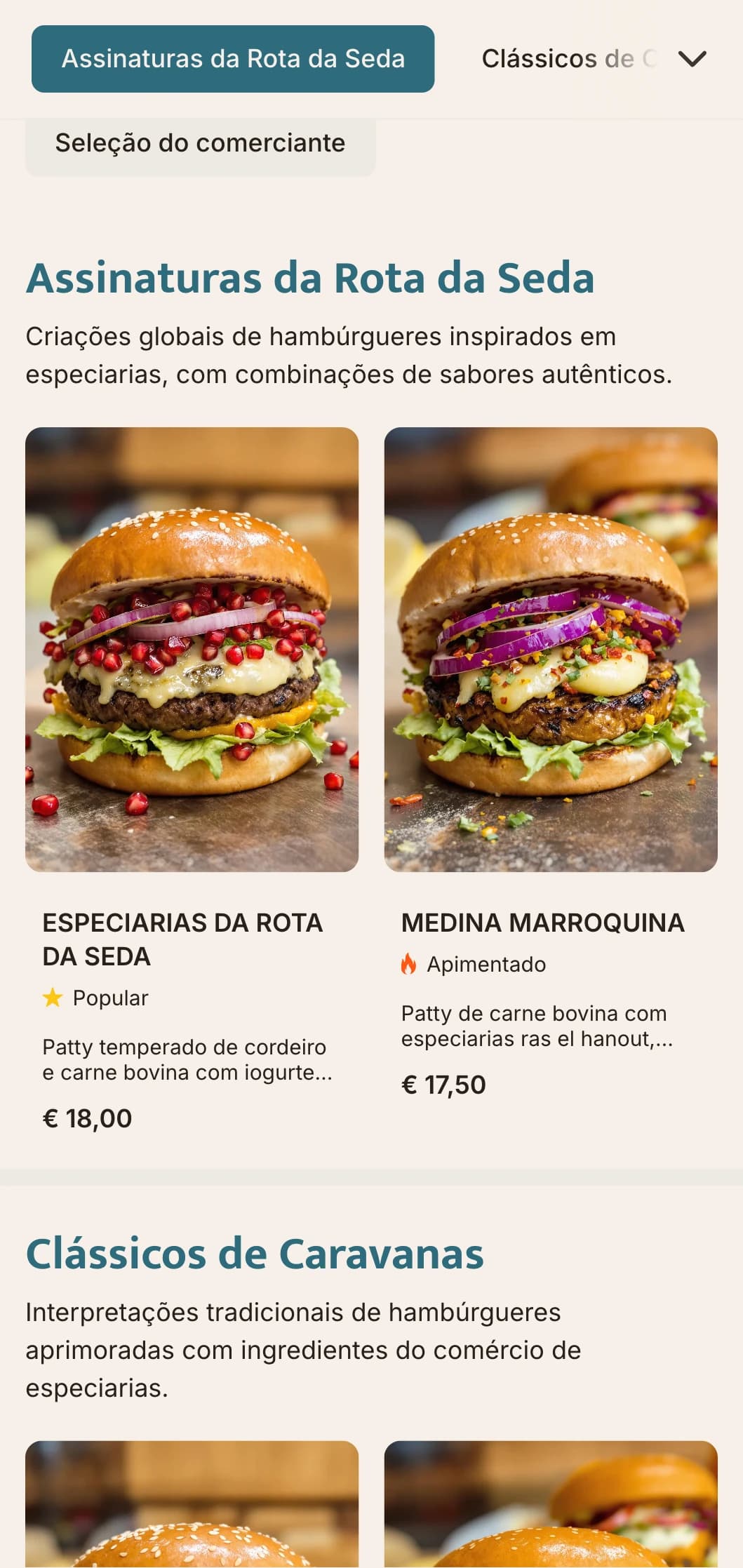 Menu de hambúrgueres inspirado no comércio de especiarias, com perfis de sabores globais e referências históricas.