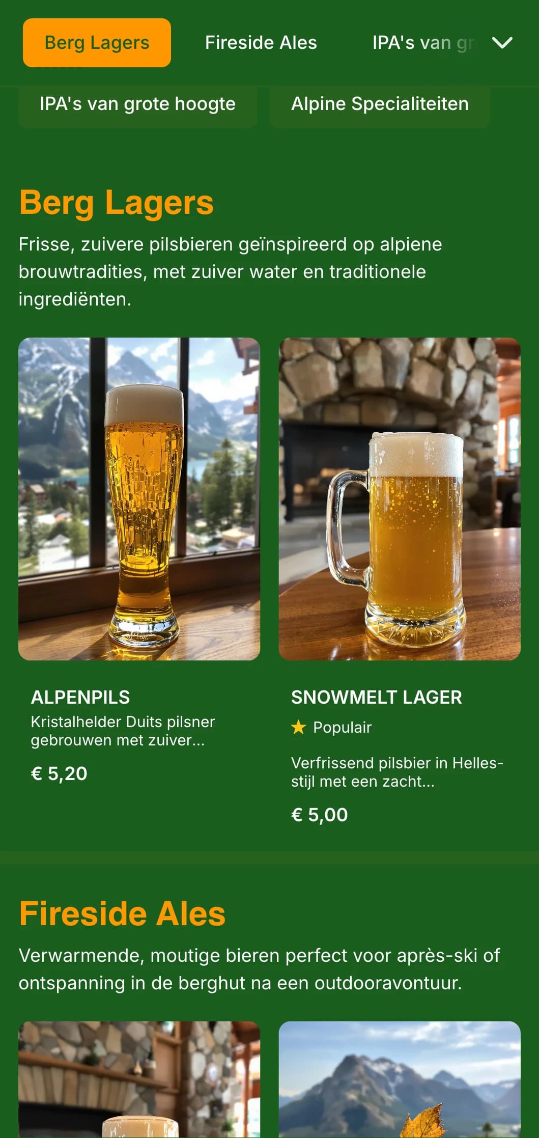 Gezellige berglodge-esthetiek met bosgroene tinten en rustieke elementen, ideaal voor hooglandbrouwerijen en skiresorts.