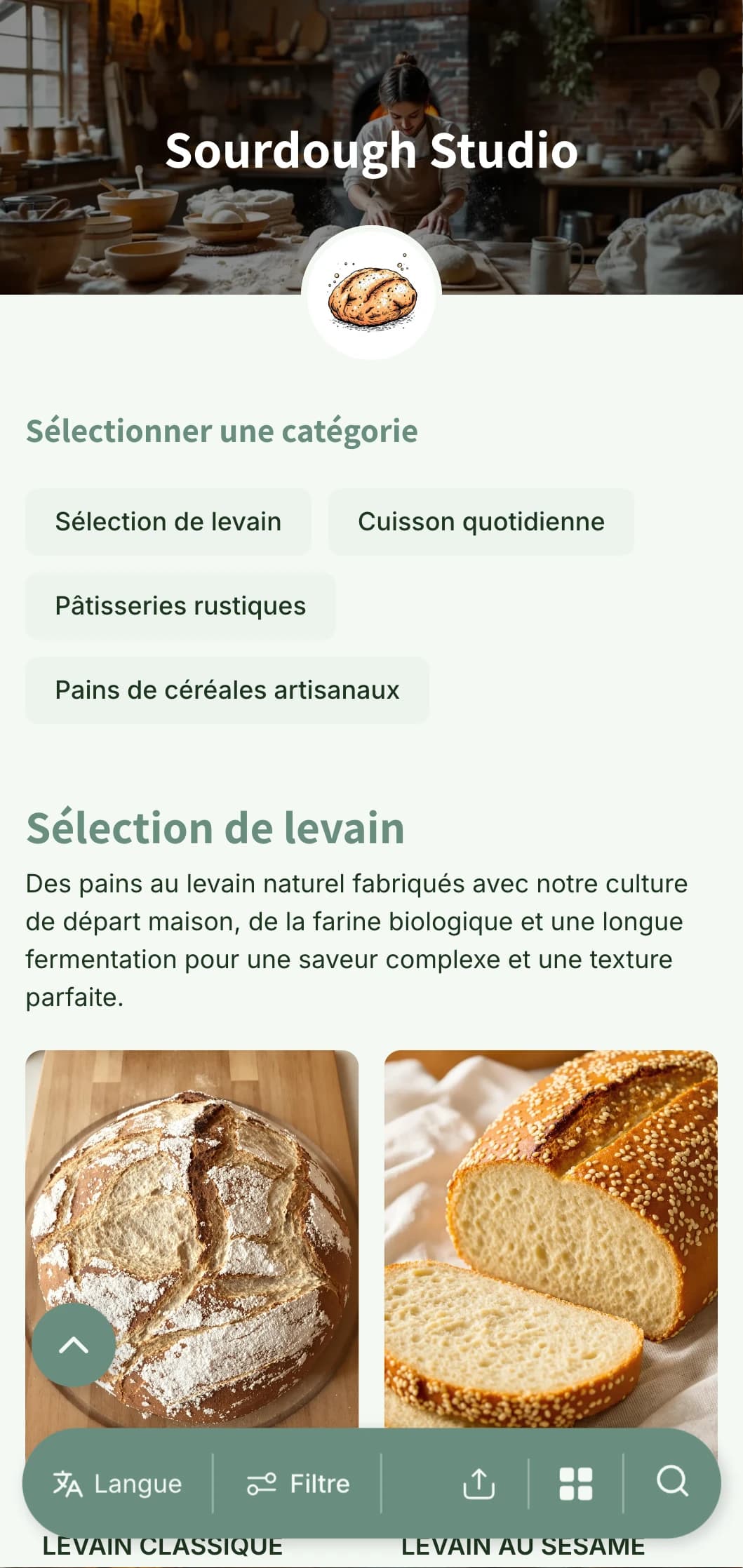 Un menu de boulangerie rustique mais raffiné, avec des tons verts et une typographie artisanale, parfait pour les spécialistes du levain et les boulangeries artisanales.
