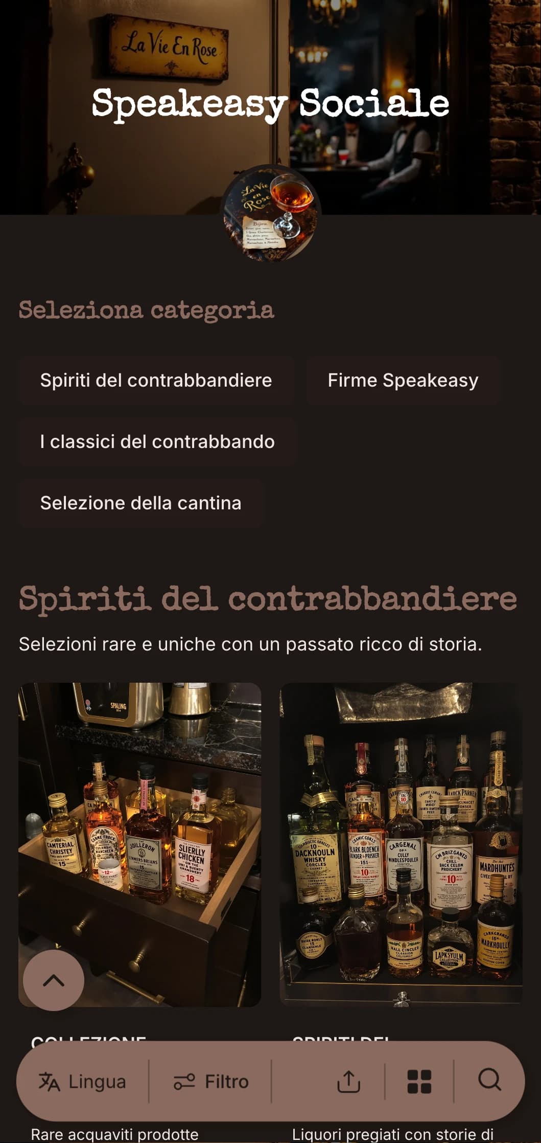 Design scuro e misterioso con elementi di macchina da scrivere vintage per cocktail bar nascosti.