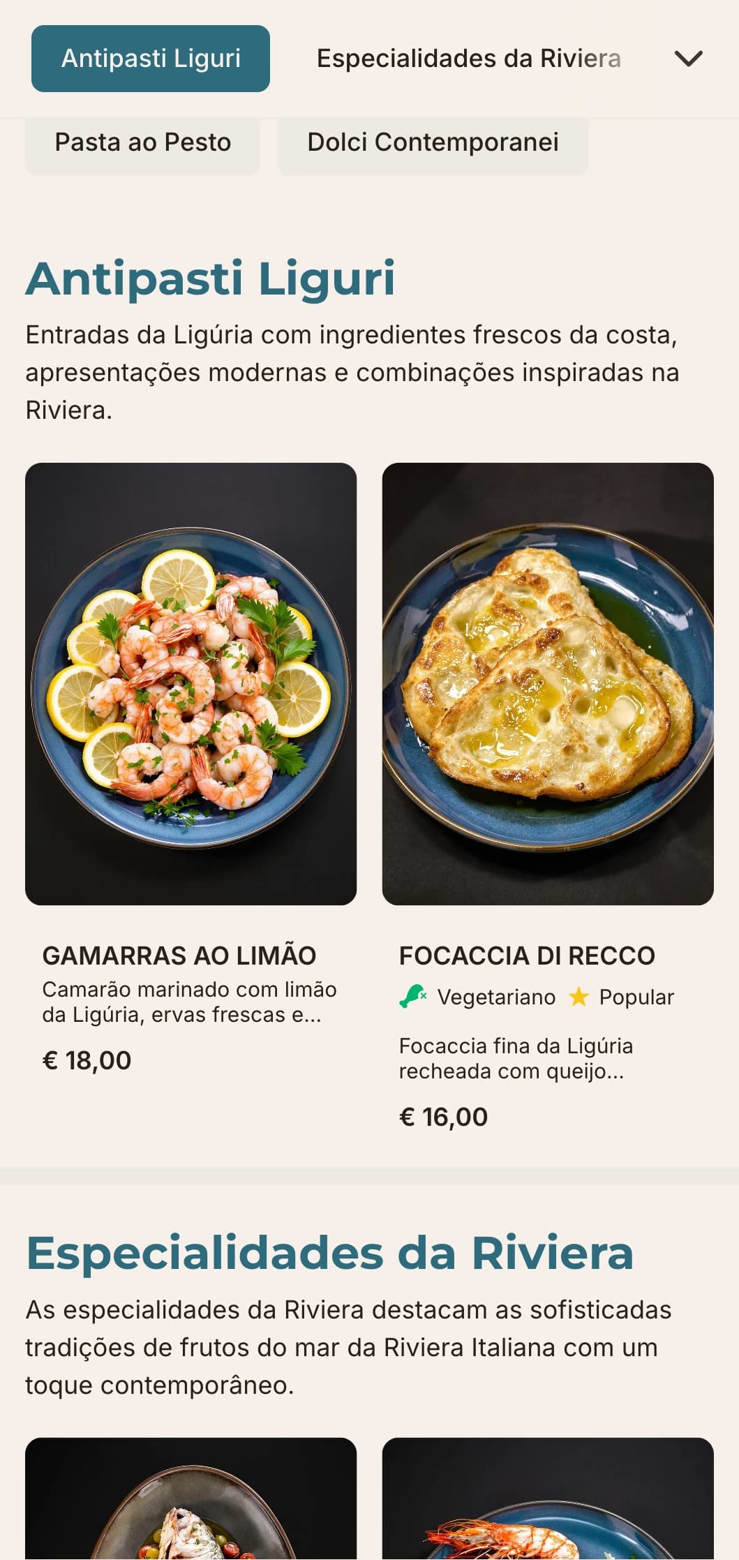 Design litorâneo contemporâneo inspirado na elegante Riviera Italiana e em sua refinada culinária de frutos do mar.