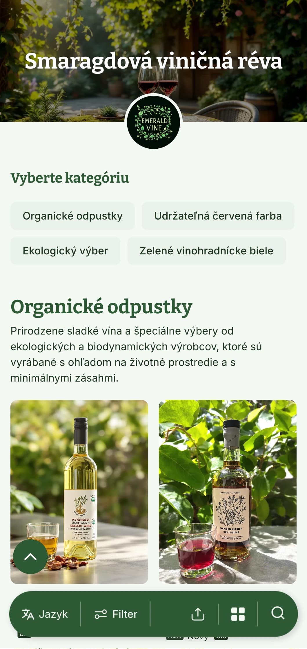 Svieža šablóna vínneho lístka so zelenou tematikou s botanickými prvkami a prírodnými textúrami, ideálna pre výber organických vín a záhradné reštaurácie.