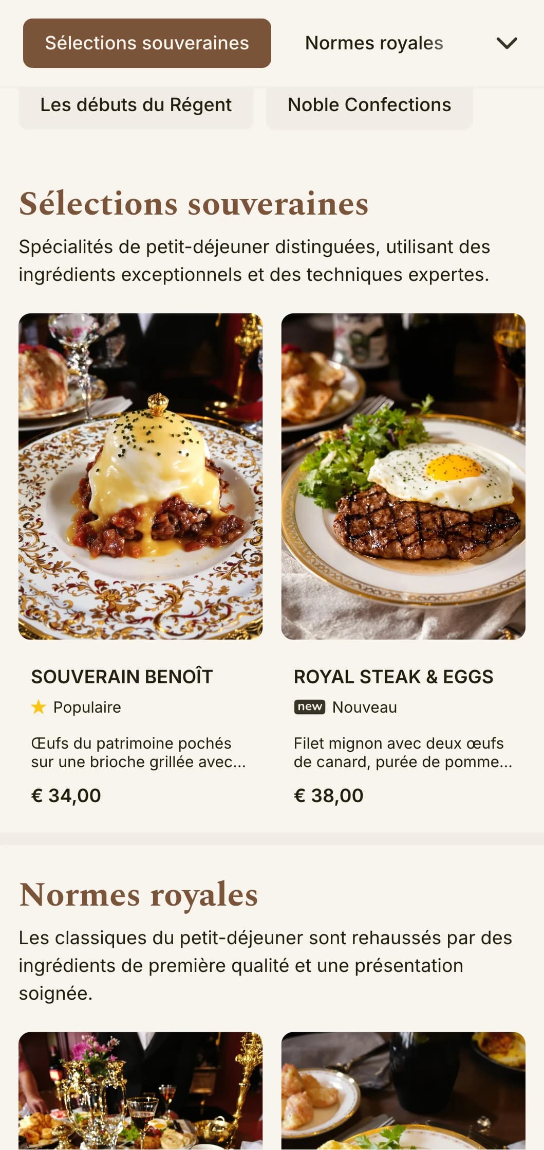 Des plats matinaux sophistiqués inspirés des restaurants d'hôtels de luxe, présentés avec une formalité élégante et des ingrédients de première qualité.