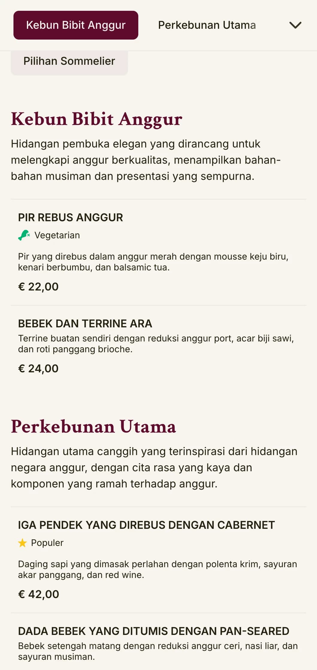 Menu makan malam yang mewah dengan warna-warna yang terinspirasi dari anggur dan tipografi yang elegan, dirancang untuk tempat makan yang memiliki program anggur yang ekstensif.