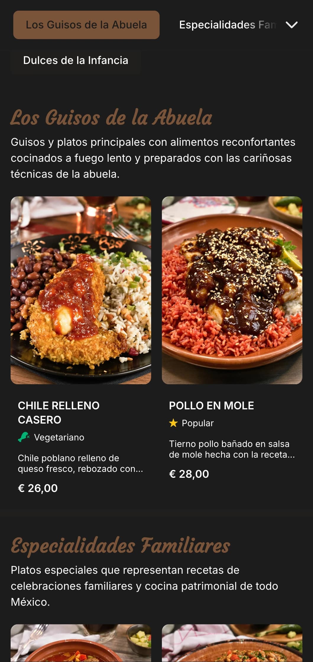 Cálido y reconfortante menú casero mexicano con recetas de la abuela, cálidos toques marrones y platos tradicionales de estilo familiar.