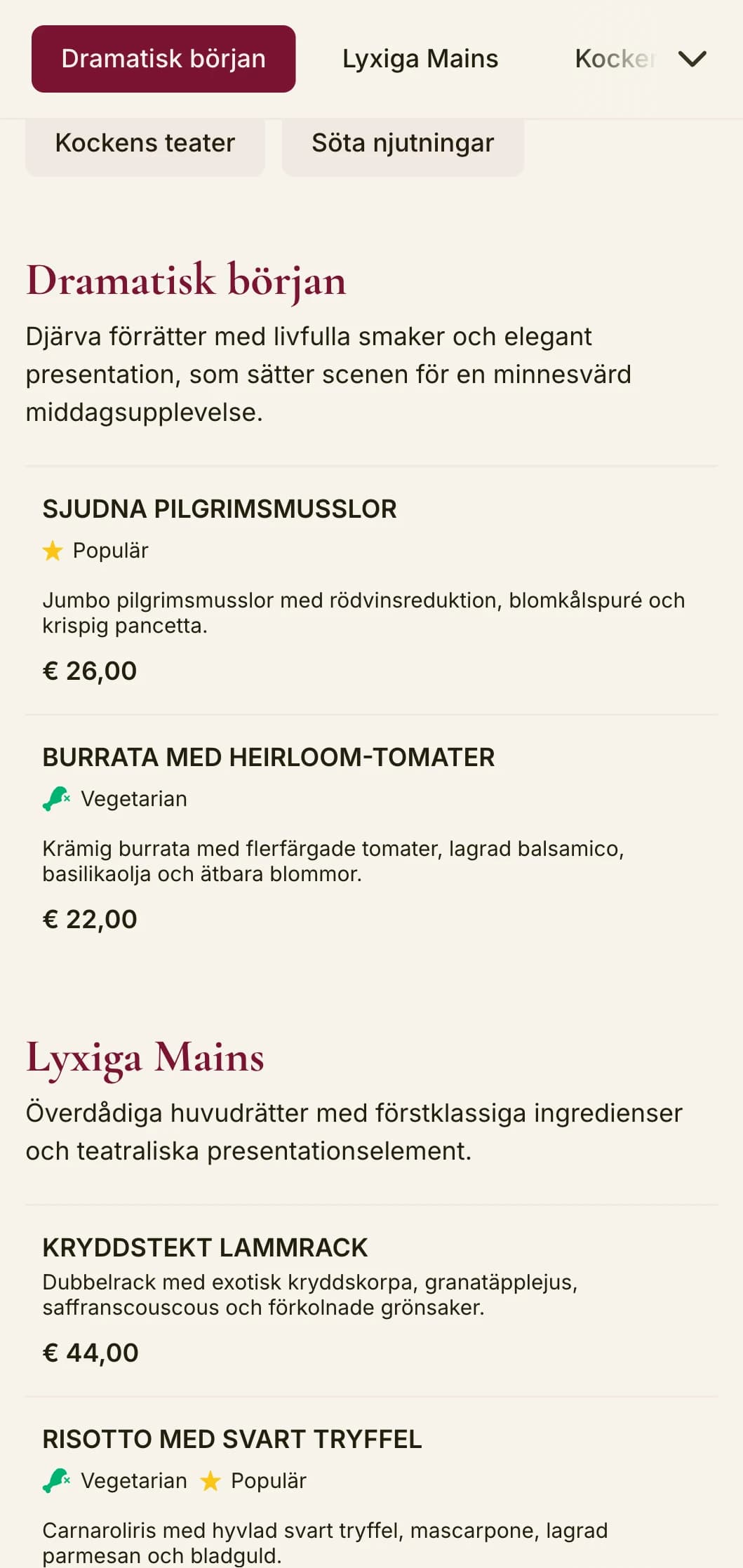 En djärv och dramatisk middagsmeny med djupa röda toner och lyxiga inslag, utformad för exklusiva matställen med en teatralisk känsla.