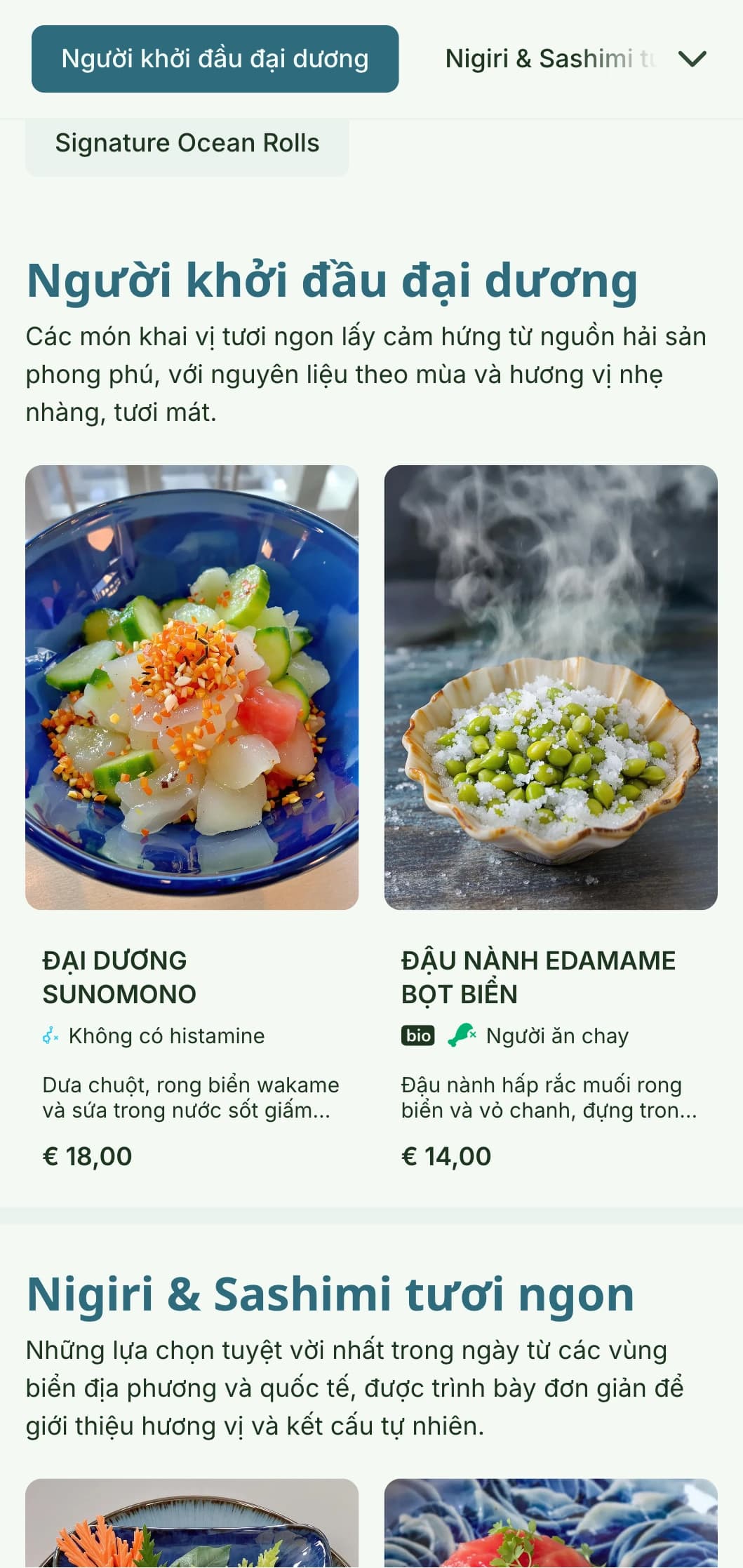 Thiết kế thực đơn sushi tươi mới và sống động lấy cảm hứng từ màu sắc của đại dương, với bảng màu xanh dịu nhẹ, lý tưởng cho các cơ sở chuyên về hải sản.