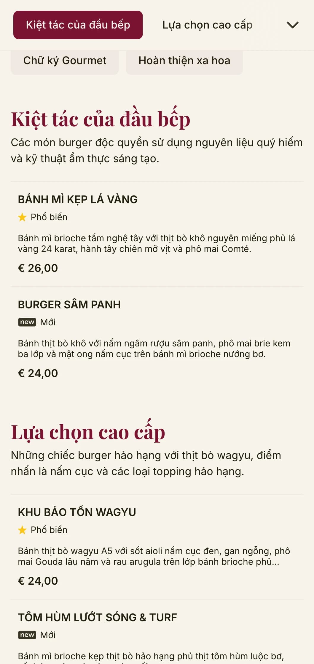 Nhà hàng burger cao cấp với kiểu chữ sang trọng và bảng màu phong phú mang đến trải nghiệm burger đẳng cấp.