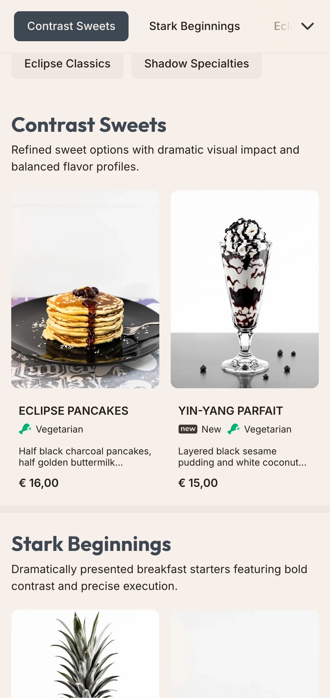 Dramatic morning fare featuring stark contrast, precise plating, and bold flavor combinations.