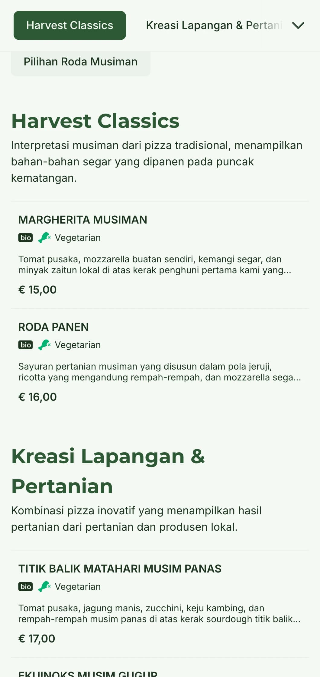 Menu pizza yang disajikan langsung dari kebun dengan bahan-bahan musiman dan olahan khas pedesaan.