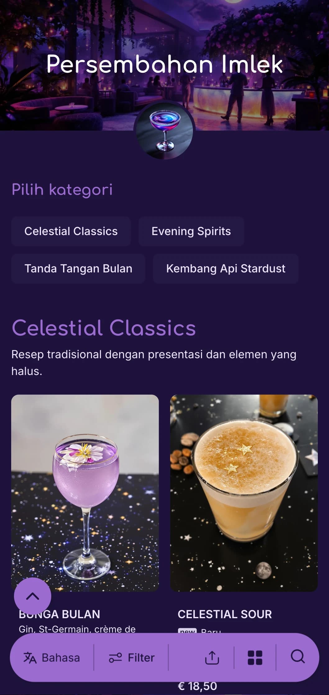 Desain ungu yang memukau dengan fase bulan untuk bar koktail bertema malam.