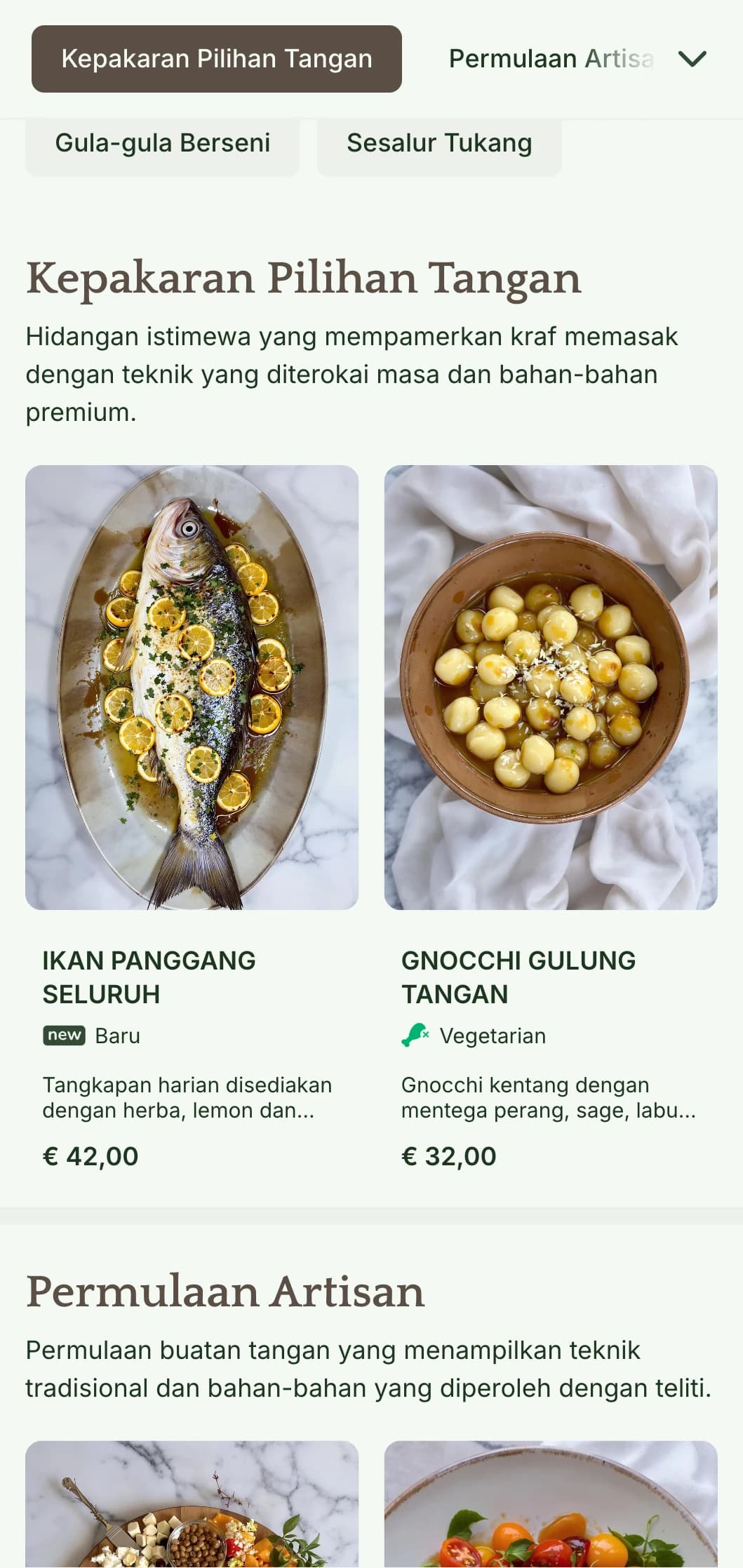 Menu makan malam artisanal yang hangat menampilkan elemen reka bentuk yang diilhamkan kraf dan rona tanah, sesuai untuk restoran yang memfokuskan pada masakan buatan tangan.