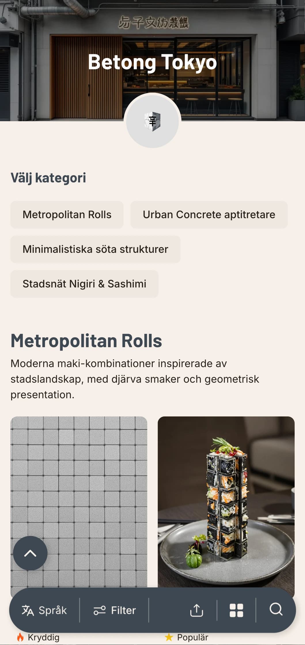 Industriell, urban sushimeny med betonggrå toner och minimalistisk design för moderna lokaler i staden.