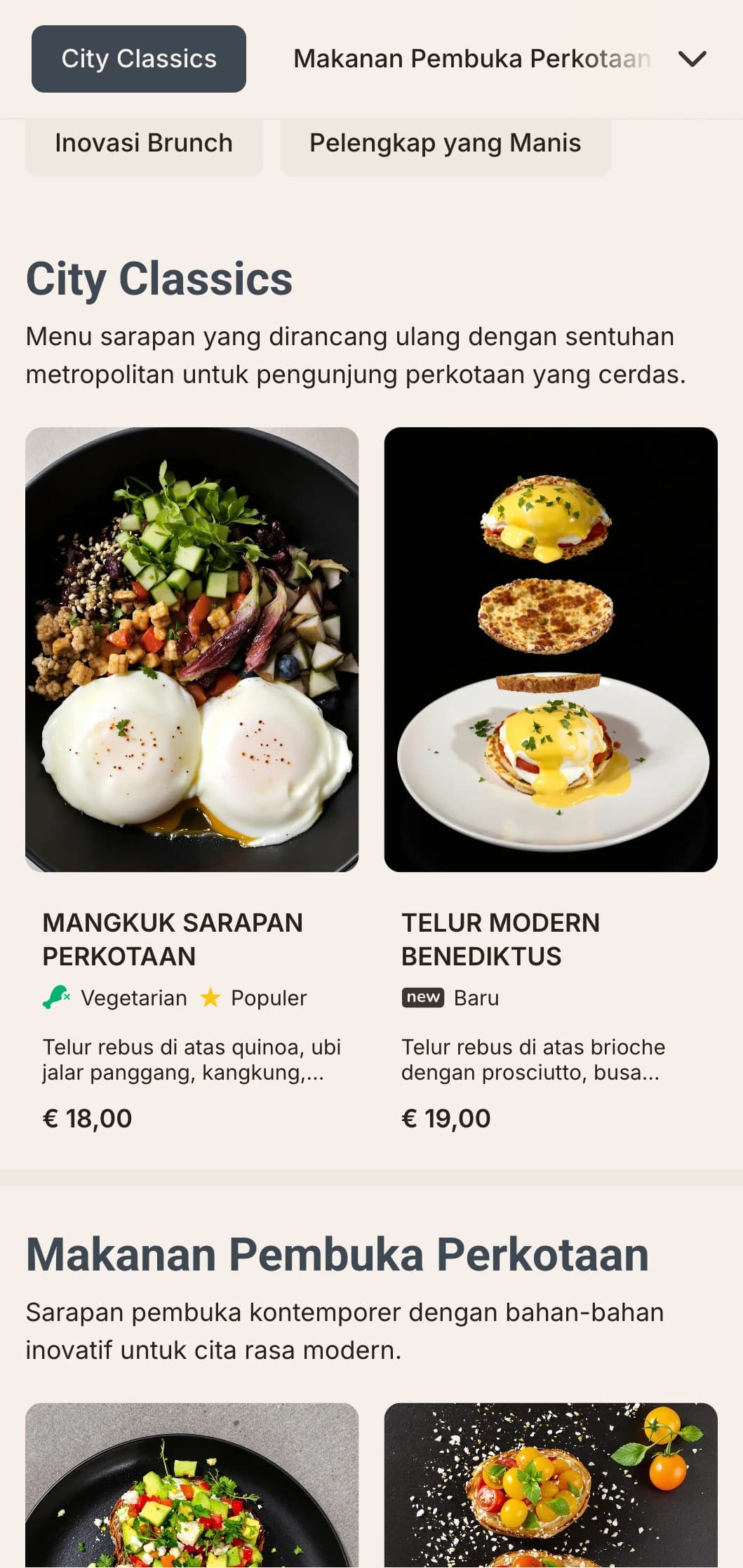 Pilihan sarapan kontemporer yang ramping untuk kaum urban modern, dengan penyajian minimalis dan kombinasi rasa yang inovatif.